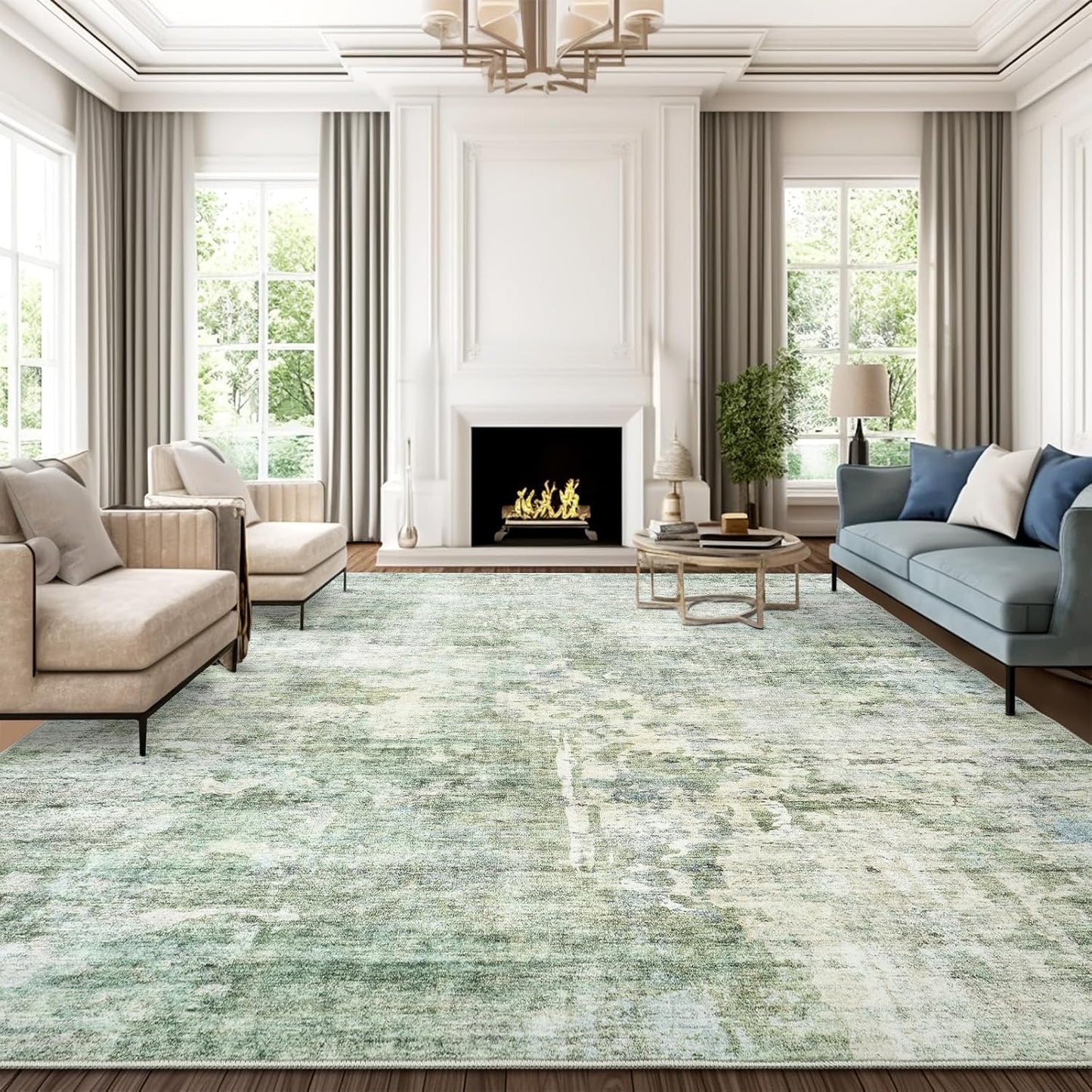 Washable Area Rug 8x10, Large Soft Rugs for Living Room Vintage Beige Carpet 8x10 Area Rugs for Bedroom Dining Room Non-Slip Stain Resistant Under Table Rug