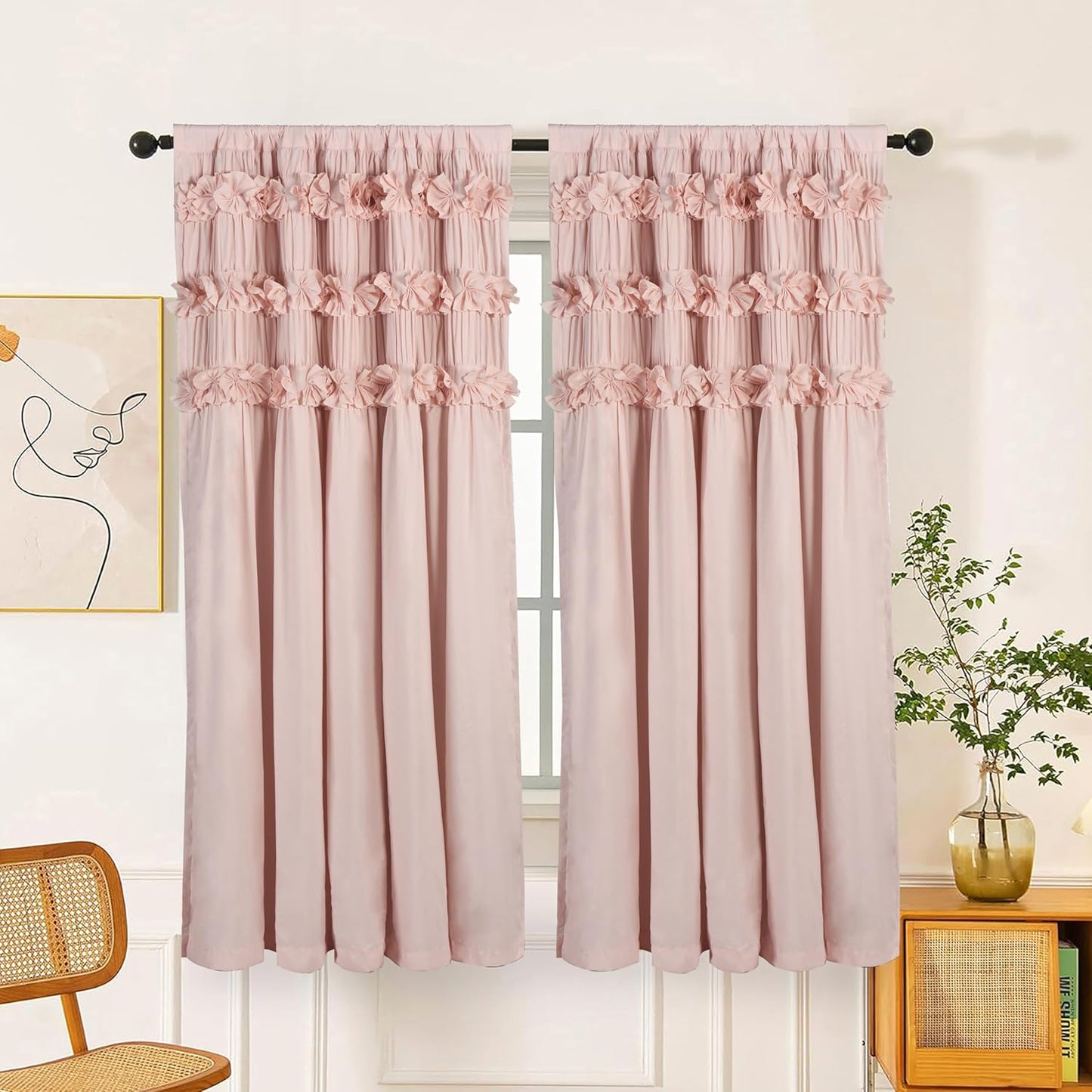 Luxurious Peach Pink Blackout Curtains with 3 Rows of Handmade Butterfly Flower Ruffles, Room Darkening and Soundproof Window Curtain 54" x 84", 2 Panels, Machine Washable (LQ-37)