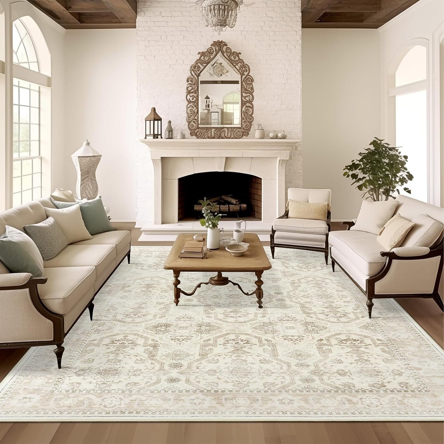 Washable Area Rug 8x10, Large Soft Rugs for Living Room Vintage Beige Carpet 8x10 Area Rugs for Bedroom Dining Room Non-Slip Stain Resistant Under Table Rug