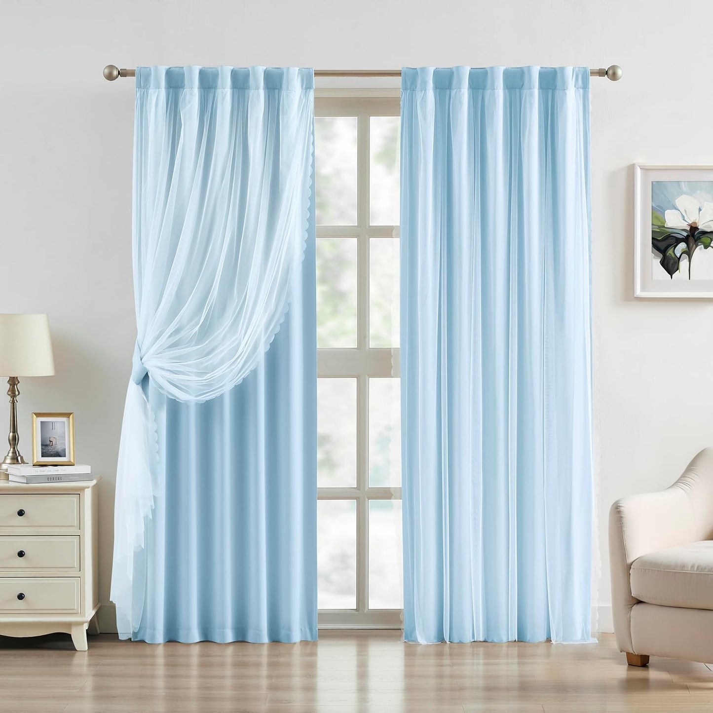 Bujasso Pink Blackout Curtains with Sheer Overlay Mix and Match Double Layer 80% Room Darkening Window Treatment Set for Girls Bedroom Pink Drapes with Tiebacks Rod Pocket Back Tab 37" Wx84 Lx2