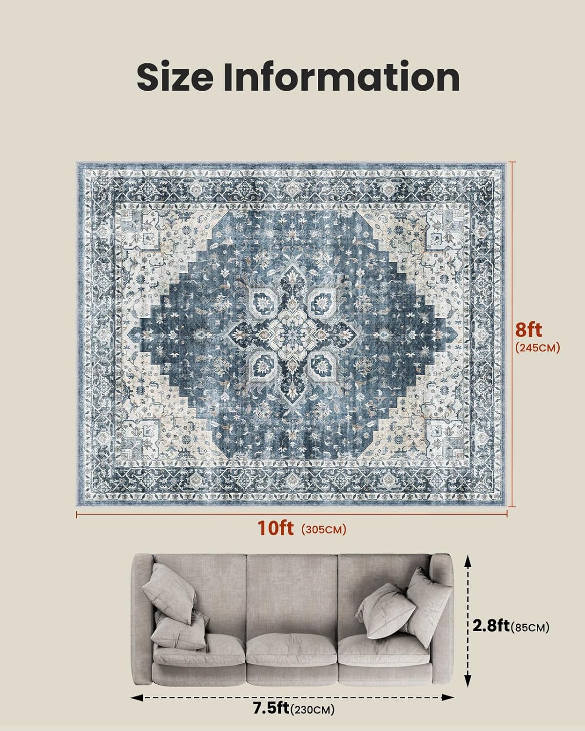 AMADA HOMEFURNISHING 8x10 Washable Area Rug, Low-Profile Large Area Rug with Non-Slip Backing & Durable Edge Binding, Vintage Large Rugs for Living Room, Bedroom, Dinning Room