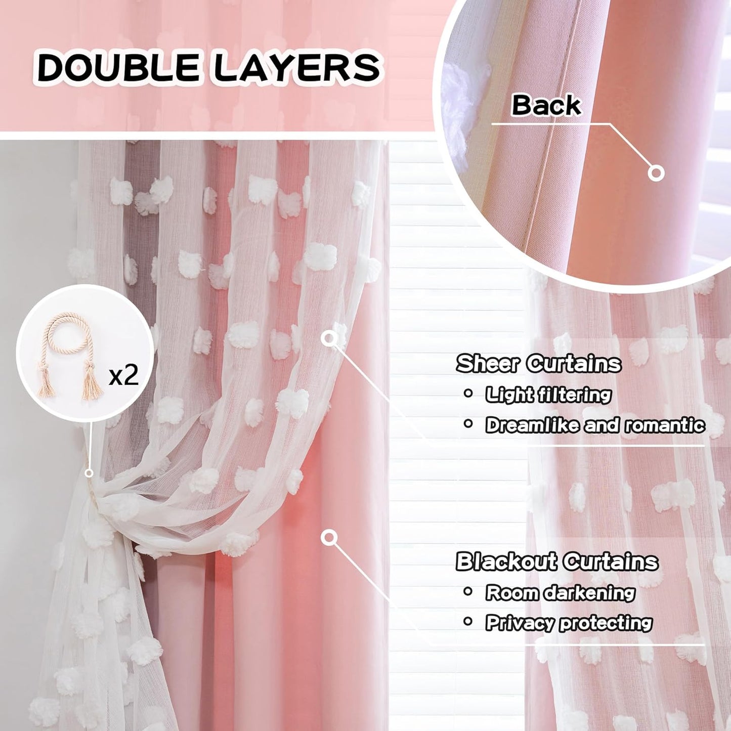 MYSKY HOME Pink Curtains for Girls Bedroom 84 Inches Long Blackout Nursery Curtains Double Layer Pom Pom Sheer Overlay Kids Toddler Room Decor Grommet Privacy Room Darkening Window Drapes 52 x 84 Inch