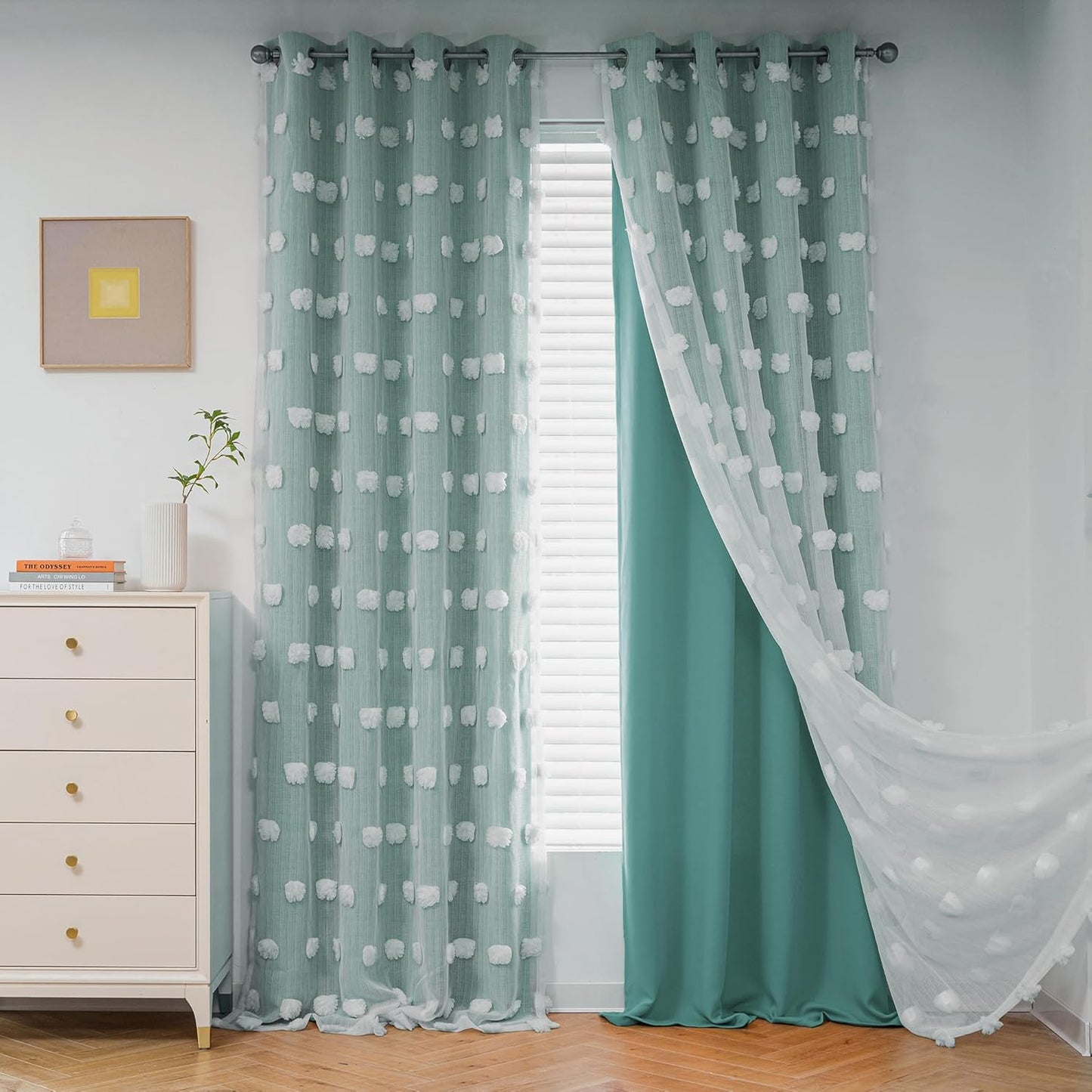 MYSKY HOME Pink Curtains for Girls Bedroom 84 Inches Long Blackout Nursery Curtains Double Layer Pom Pom Sheer Overlay Kids Toddler Room Decor Grommet Privacy Room Darkening Window Drapes 52 x 84 Inch