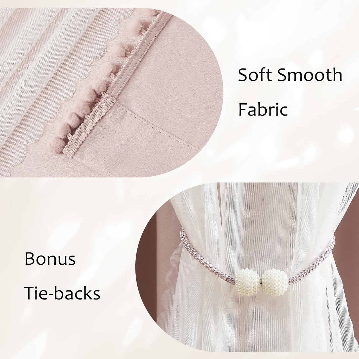 Pink Blackout Curtains with Sheer Overlay for Bedroom, Mix & Match Double Layer Pom Pom Curtains for Girl Nursery, Living Room, Rod Pocket Thermal Insulated Window Panels with Tiebacks 52W X 84L, 2pcs