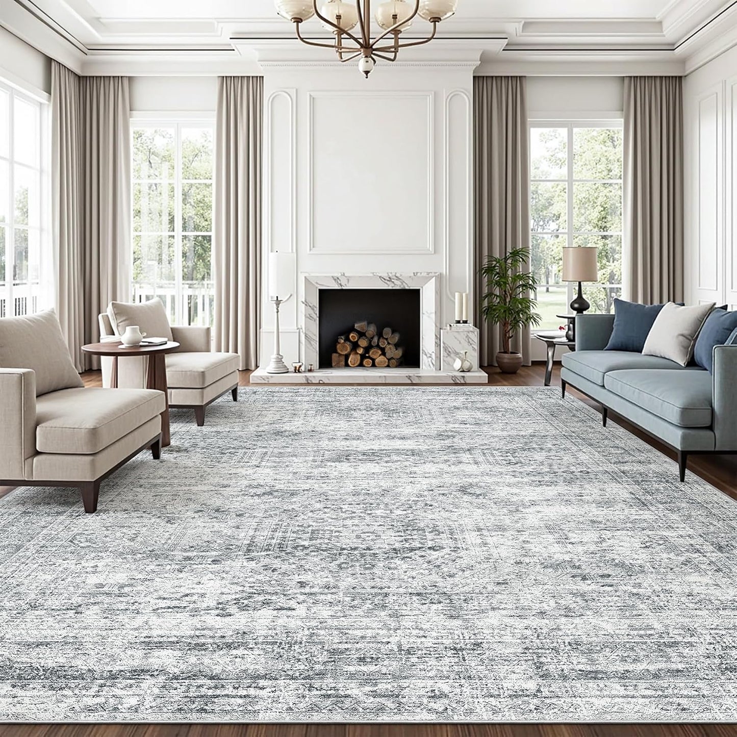 Washable Area Rug 8x10, Large Soft Rugs for Living Room Vintage Beige Carpet 8x10 Area Rugs for Bedroom Dining Room Non-Slip Stain Resistant Under Table Rug