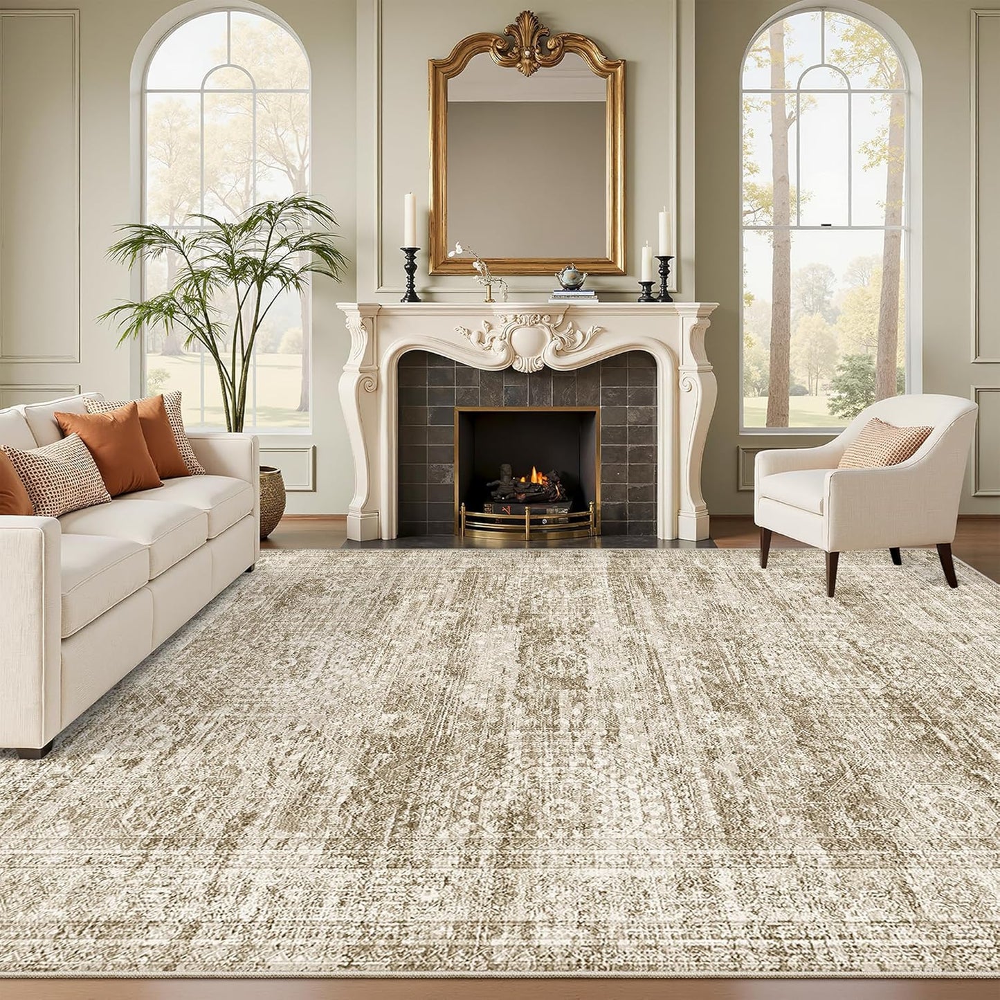 Washable Area Rug 8x10, Large Soft Rugs for Living Room Vintage Beige Carpet 8x10 Area Rugs for Bedroom Dining Room Non-Slip Stain Resistant Under Table Rug