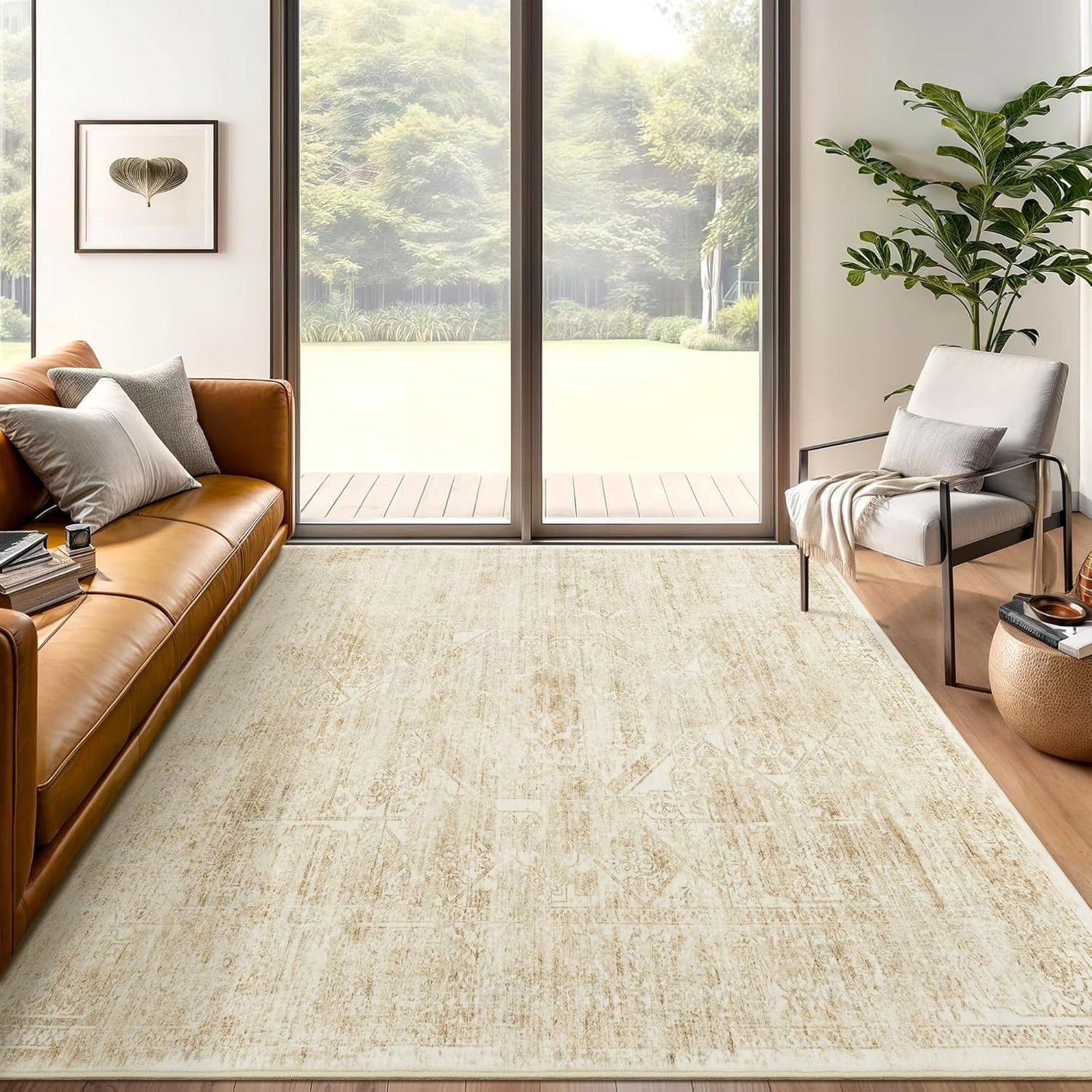 Washable Area Rug 8x10, Large Soft Rugs for Living Room Vintage Beige Carpet 8x10 Area Rugs for Bedroom Dining Room Non-Slip Stain Resistant Under Table Rug