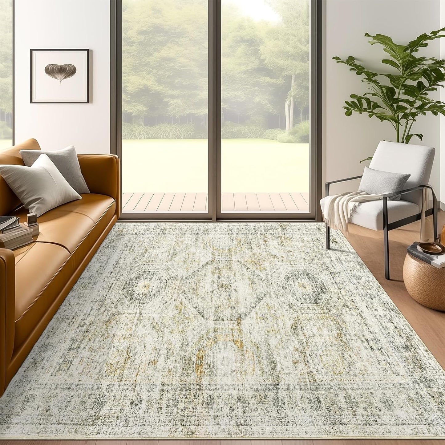 Washable Area Rug 8x10, Large Soft Rugs for Living Room Vintage Beige Carpet 8x10 Area Rugs for Bedroom Dining Room Non-Slip Stain Resistant Under Table Rug