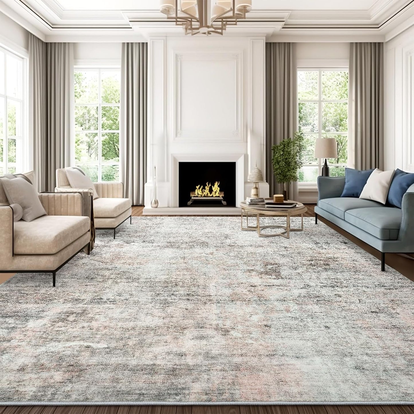 Washable Area Rug 8x10, Large Soft Rugs for Living Room Vintage Beige Carpet 8x10 Area Rugs for Bedroom Dining Room Non-Slip Stain Resistant Under Table Rug