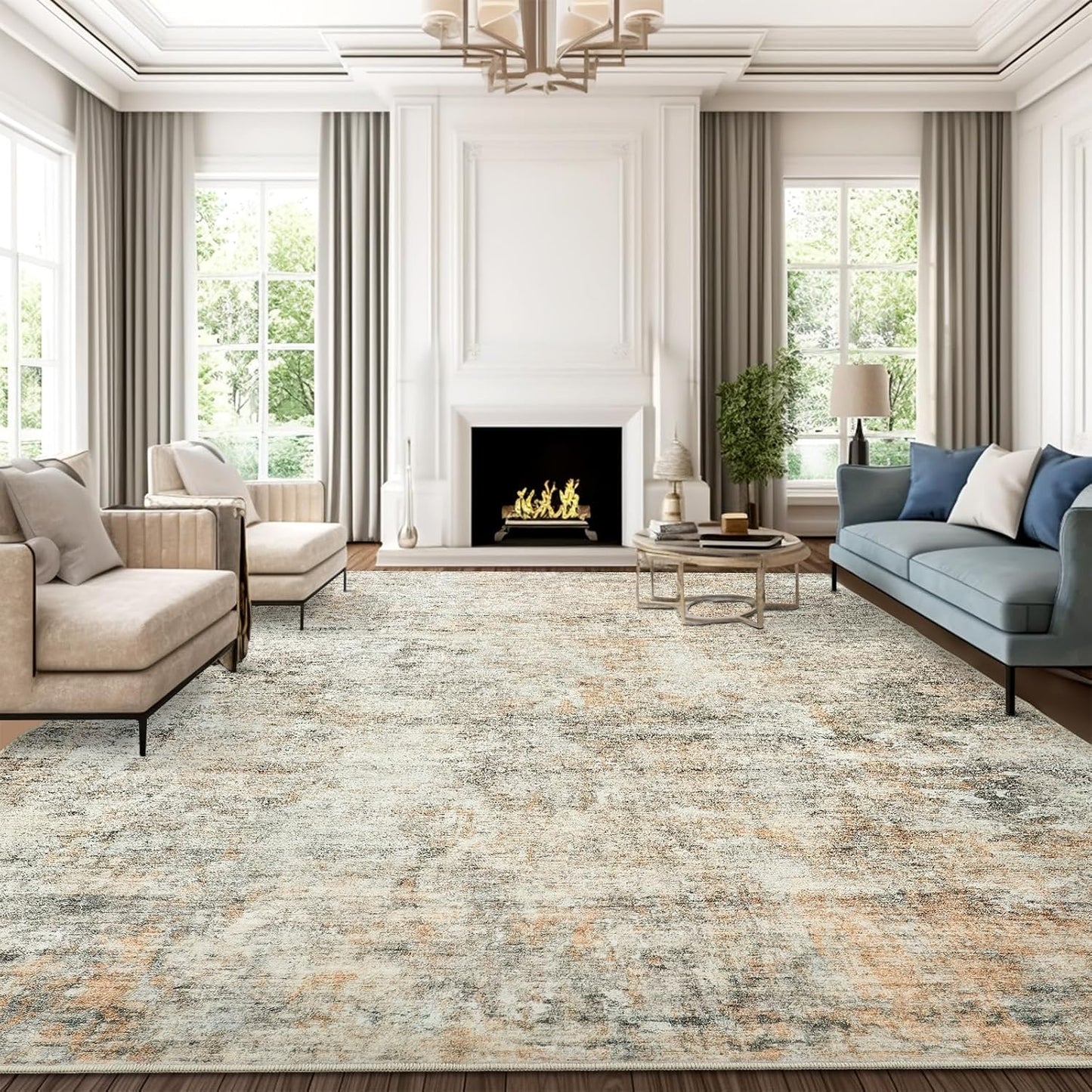 Washable Area Rug 8x10, Large Soft Rugs for Living Room Vintage Beige Carpet 8x10 Area Rugs for Bedroom Dining Room Non-Slip Stain Resistant Under Table Rug
