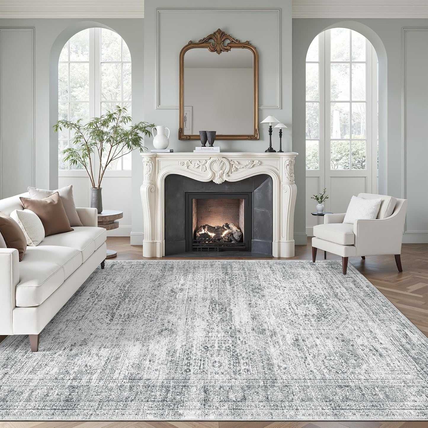 Washable Area Rug 8x10, Large Soft Rugs for Living Room Vintage Beige Carpet 8x10 Area Rugs for Bedroom Dining Room Non-Slip Stain Resistant Under Table Rug