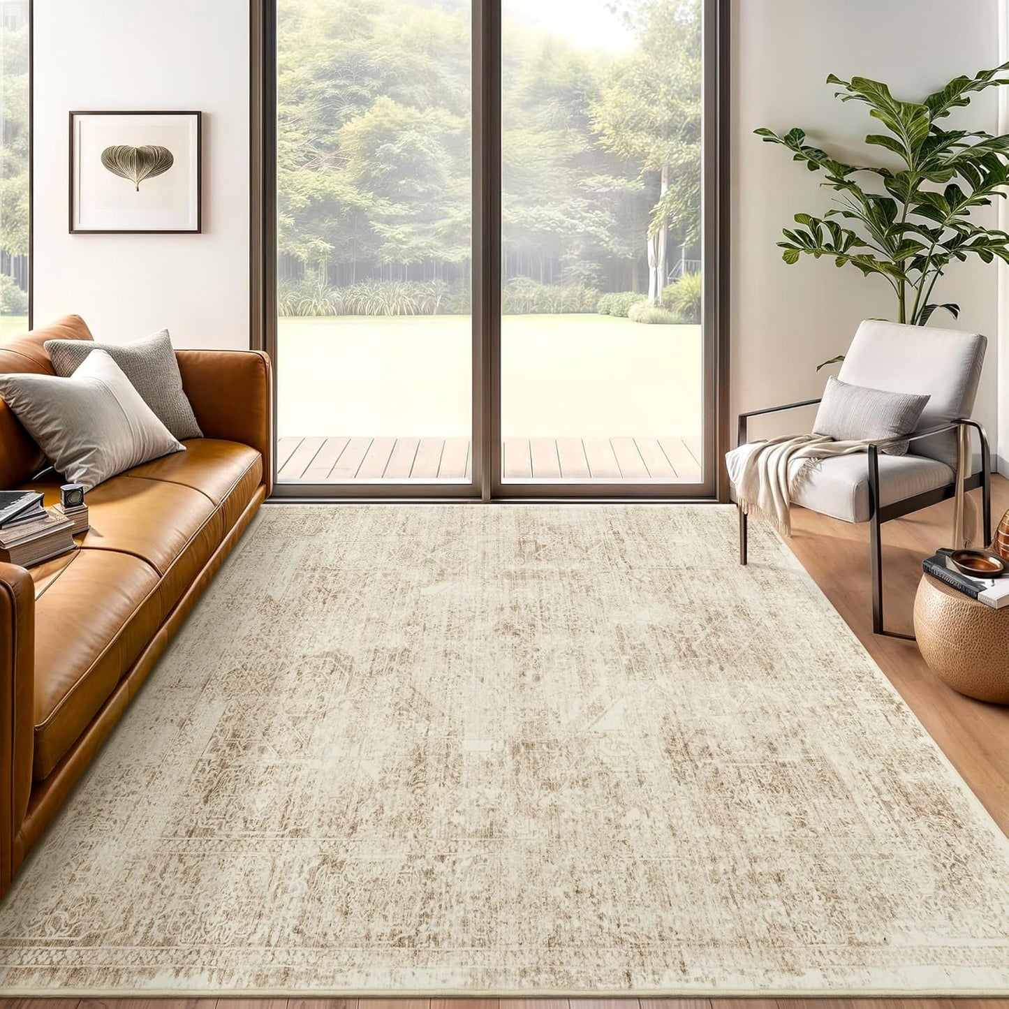 Washable Area Rug 8x10, Large Soft Rugs for Living Room Vintage Beige Carpet 8x10 Area Rugs for Bedroom Dining Room Non-Slip Stain Resistant Under Table Rug