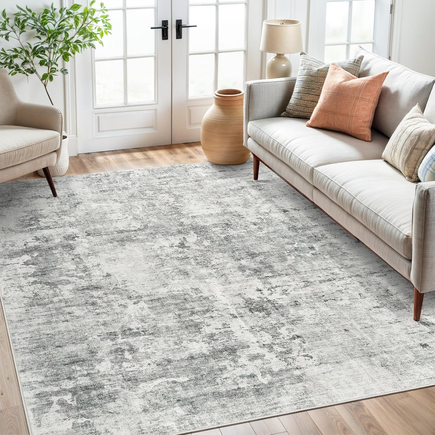 Washable Area Rug 8x10, Large Soft Rugs for Living Room Vintage Beige Carpet 8x10 Area Rugs for Bedroom Dining Room Non-Slip Stain Resistant Under Table Rug