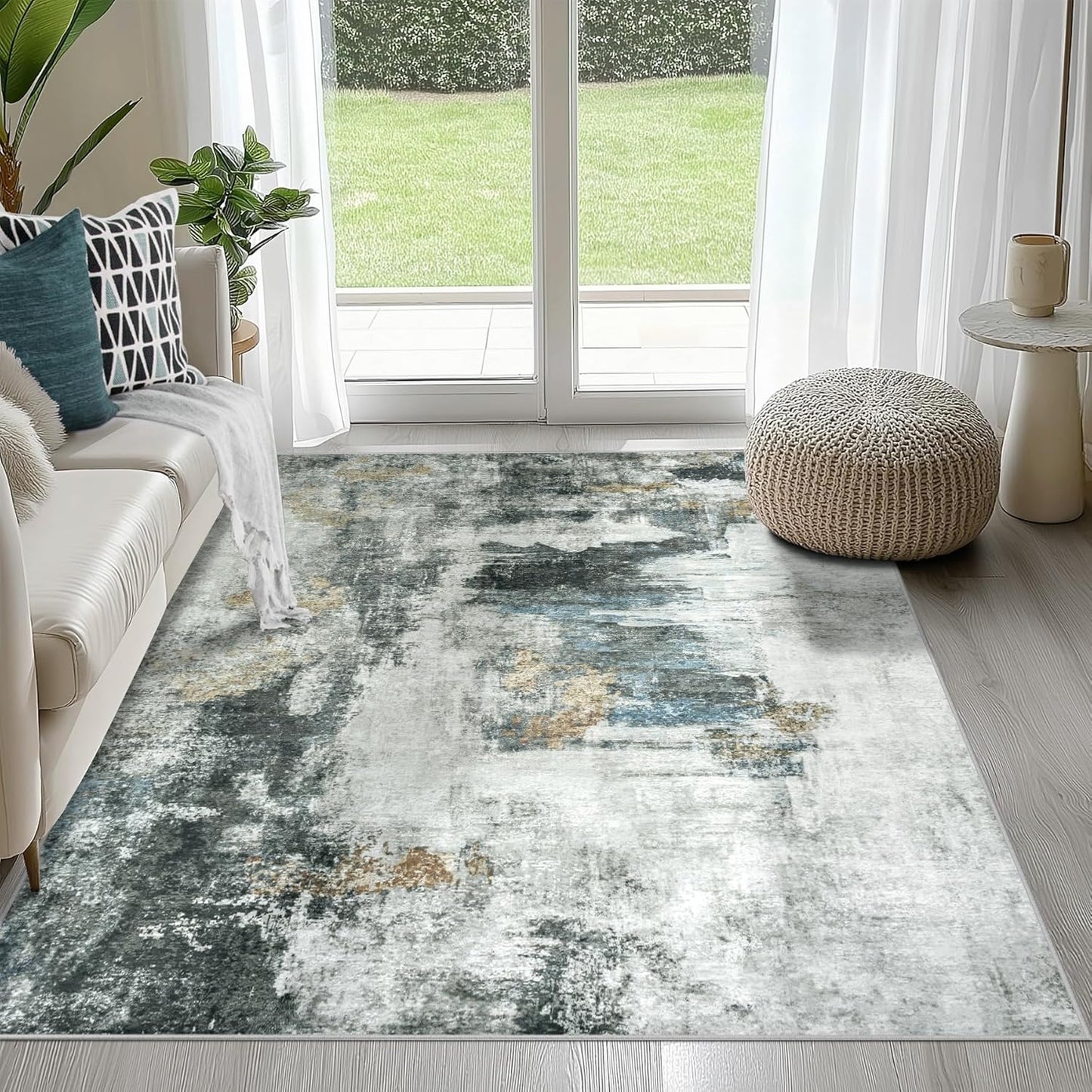 8x10 Area Rugs for Living Room Rug Washable: Abstract Large Rug for Dining Room Bedroom Carpet Non Slip 8 by 10 Indoor Modern Nursery Home Office Blue Grey