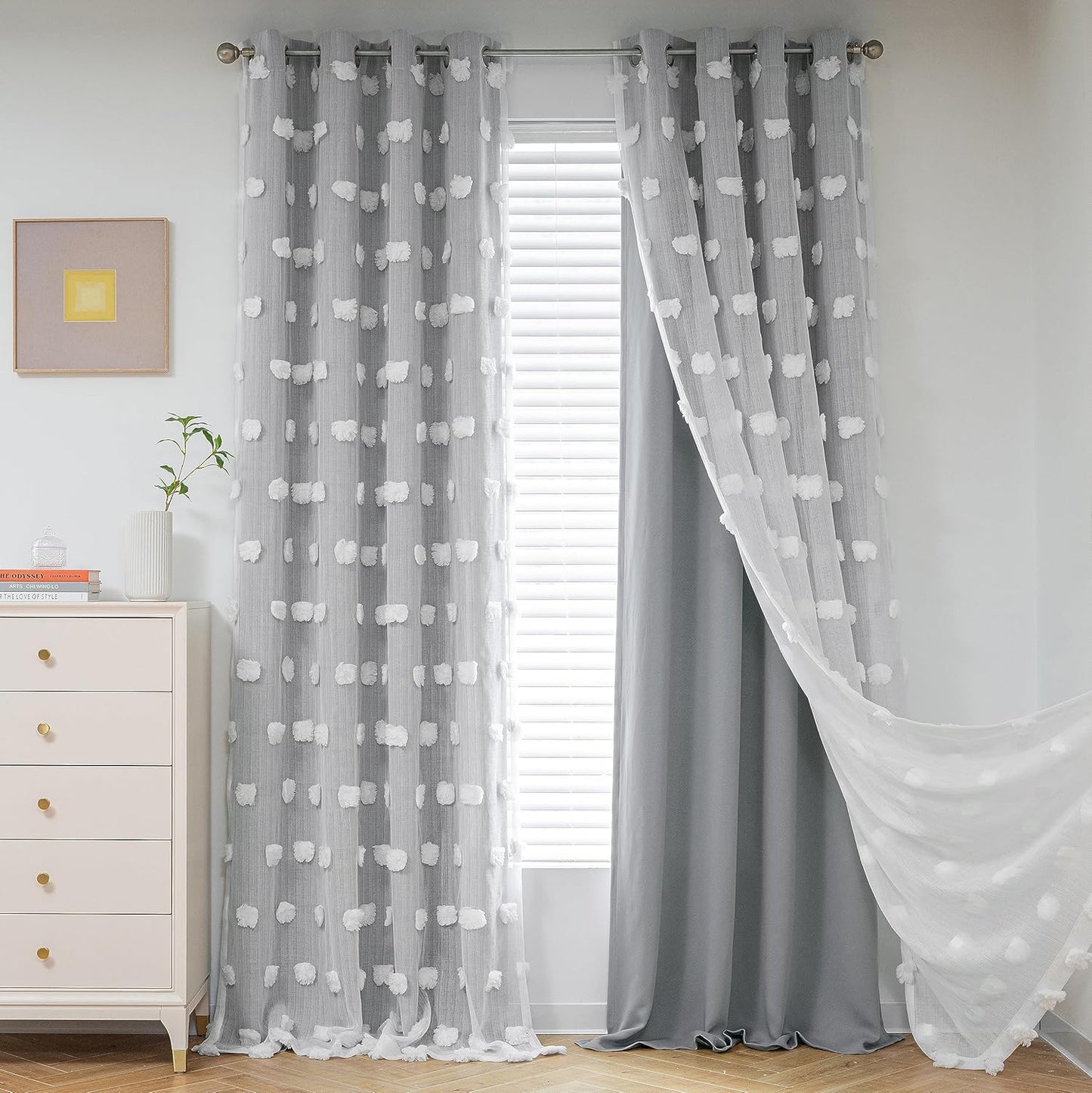 MYSKY HOME Pink Curtains for Girls Bedroom 84 Inches Long Blackout Nursery Curtains Double Layer Pom Pom Sheer Overlay Kids Toddler Room Decor Grommet Privacy Room Darkening Window Drapes 52 x 84 Inch
