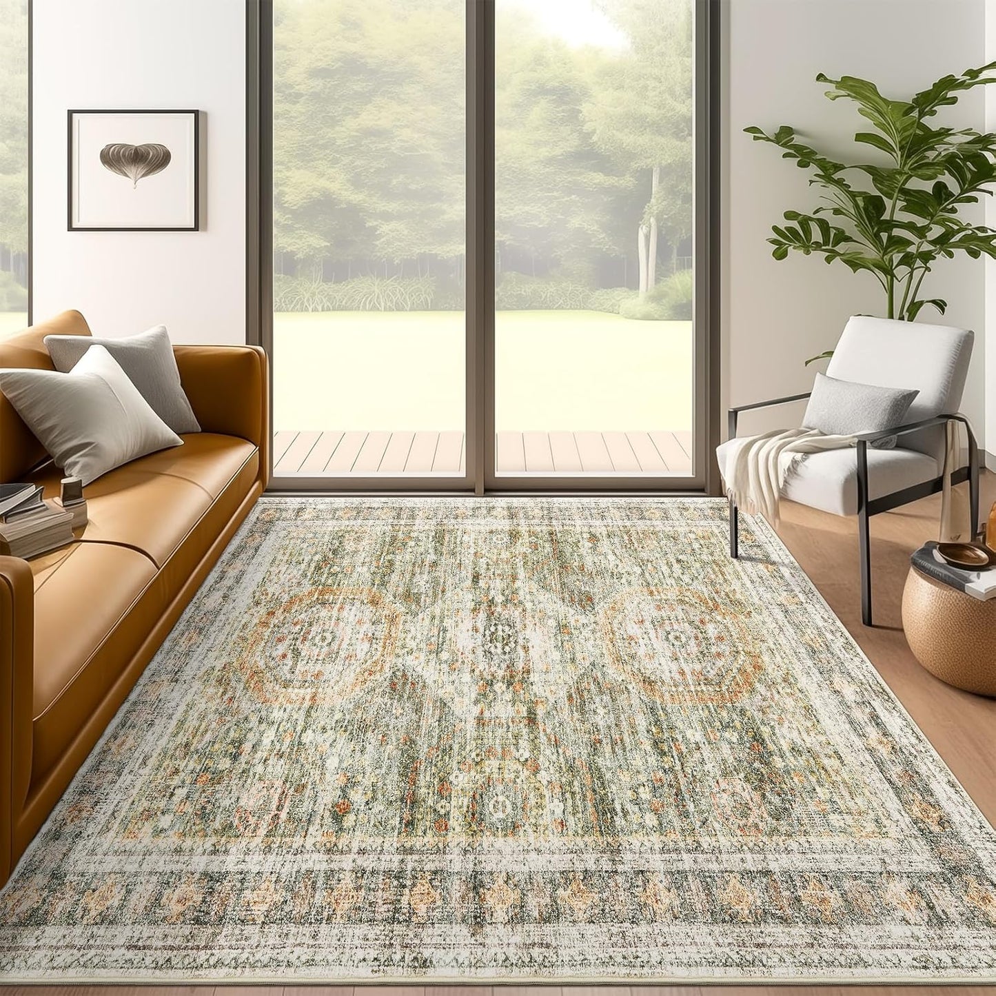 Washable Area Rug 8x10, Large Soft Rugs for Living Room Vintage Beige Carpet 8x10 Area Rugs for Bedroom Dining Room Non-Slip Stain Resistant Under Table Rug