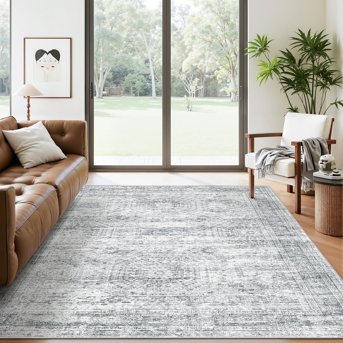 Washable Area Rug 8x10, Large Soft Rugs for Living Room Vintage Beige Carpet 8x10 Area Rugs for Bedroom Dining Room Non-Slip Stain Resistant Under Table Rug