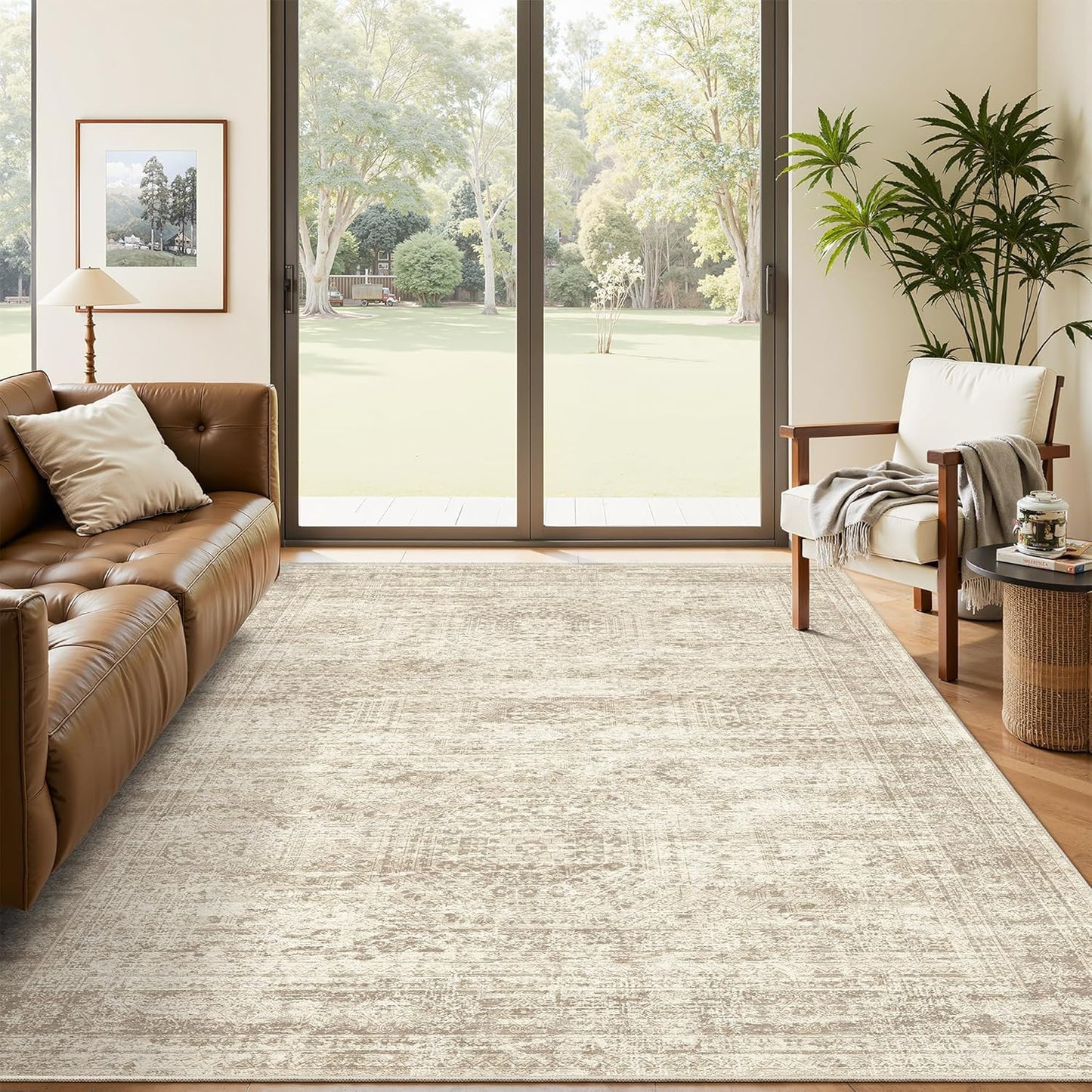Washable Area Rug 8x10, Large Soft Rugs for Living Room Vintage Beige Carpet 8x10 Area Rugs for Bedroom Dining Room Non-Slip Stain Resistant Under Table Rug
