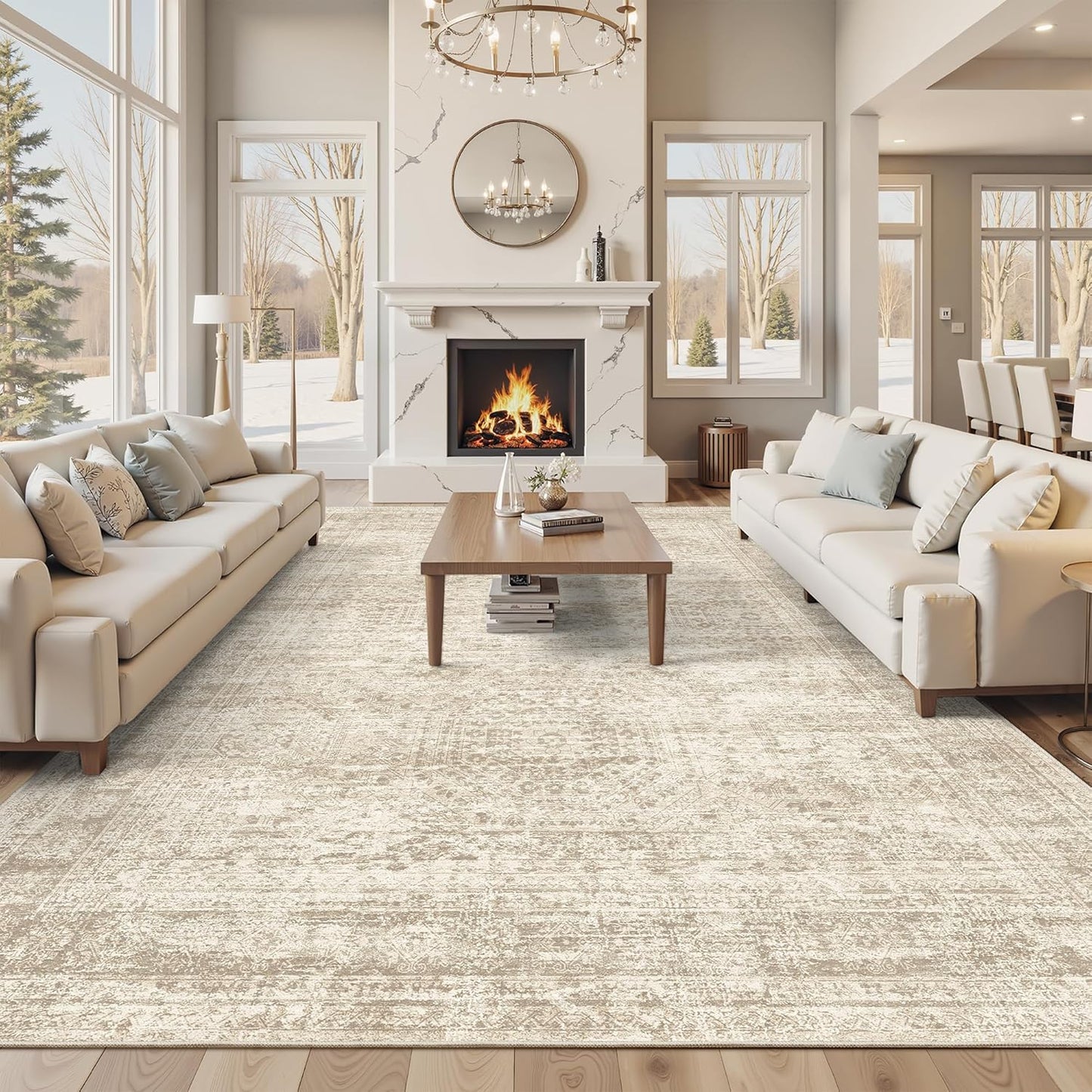 Washable Area Rug 8x10, Large Soft Rugs for Living Room Vintage Beige Carpet 8x10 Area Rugs for Bedroom Dining Room Non-Slip Stain Resistant Under Table Rug