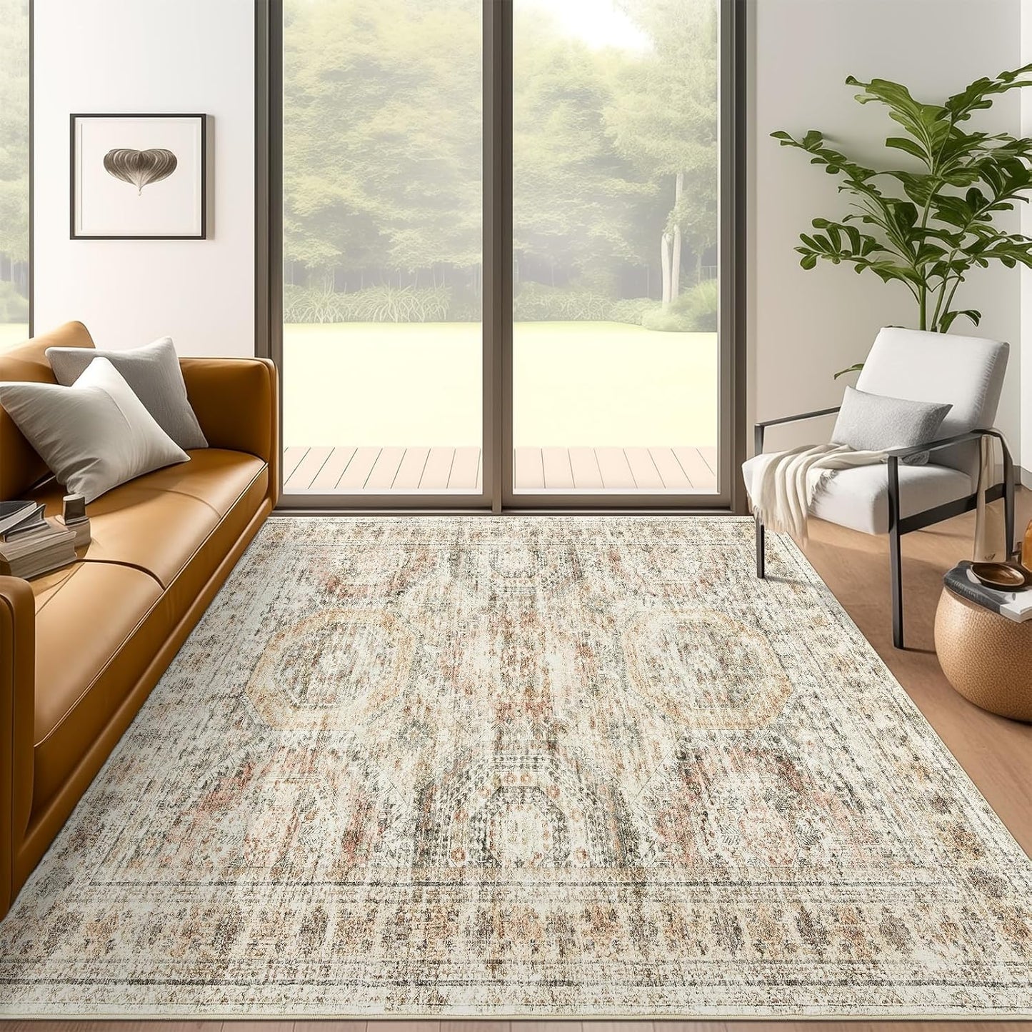 Washable Area Rug 8x10, Large Soft Rugs for Living Room Vintage Beige Carpet 8x10 Area Rugs for Bedroom Dining Room Non-Slip Stain Resistant Under Table Rug