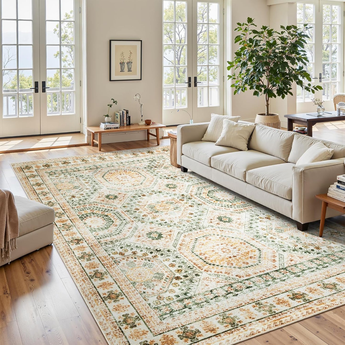 Washable Area Rug 8x10, Large Soft Rugs for Living Room Vintage Beige Carpet 8x10 Area Rugs for Bedroom Dining Room Non-Slip Stain Resistant Under Table Rug