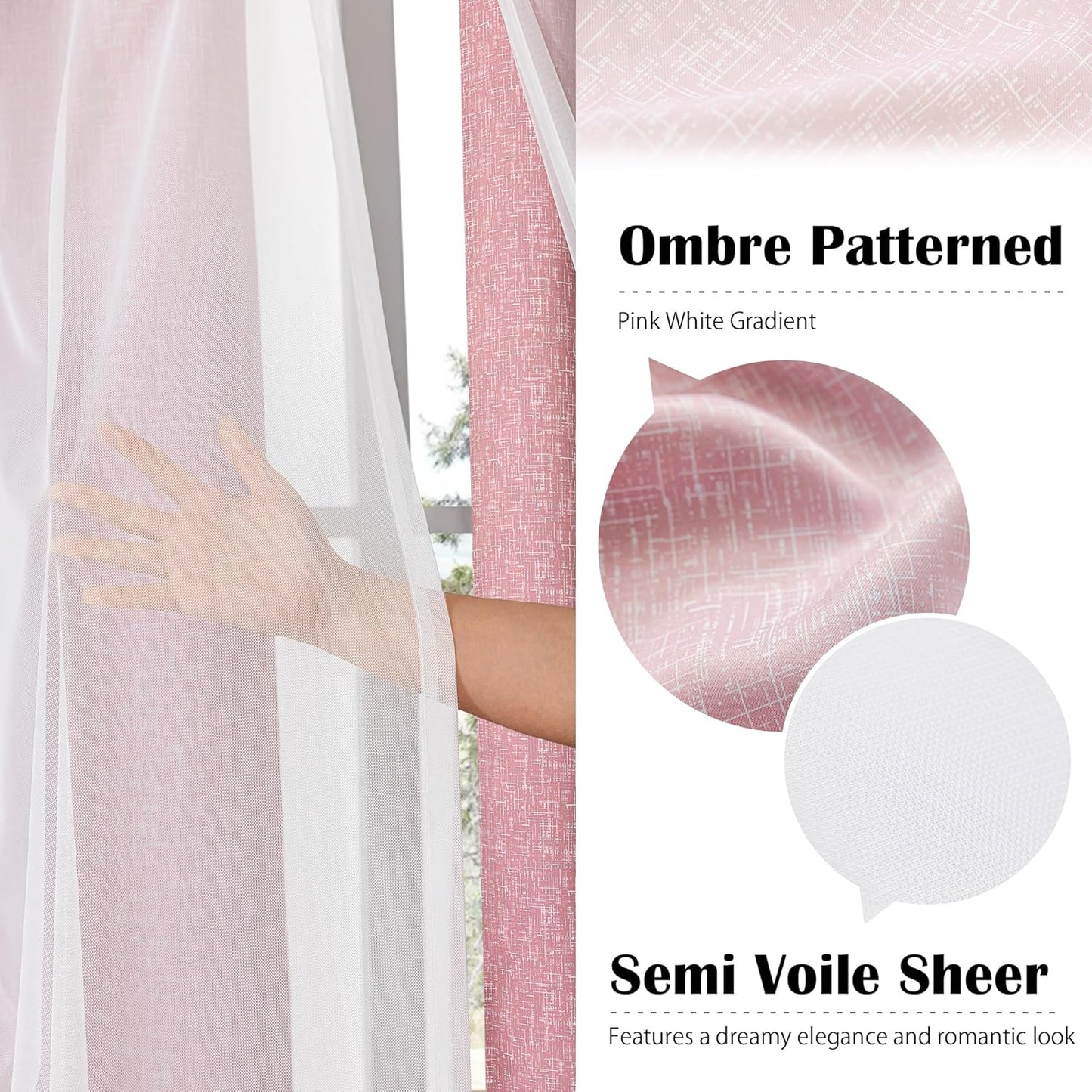 100% Blackout Curtains with Sheer Overlay Mix and Match Double Layer Drapes 84 Inch Long 2 Panels for Bedroom Living Room Pink White Ombre Grommet Window Treatment with Tiebacks