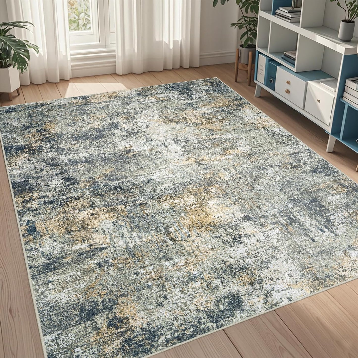 8x10 Area Rugs for Living Room Rug Washable: Abstract Large Rug for Dining Room Bedroom Carpet Non Slip 8 by 10 Indoor Modern Nursery Home Office Blue Grey