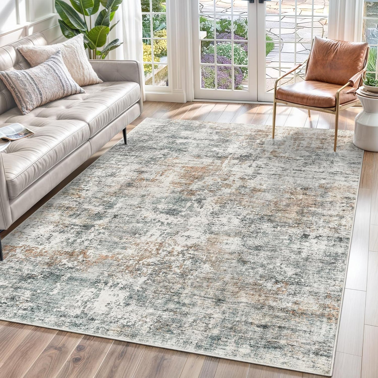 Washable Area Rug 8x10, Large Soft Rugs for Living Room Vintage Beige Carpet 8x10 Area Rugs for Bedroom Dining Room Non-Slip Stain Resistant Under Table Rug