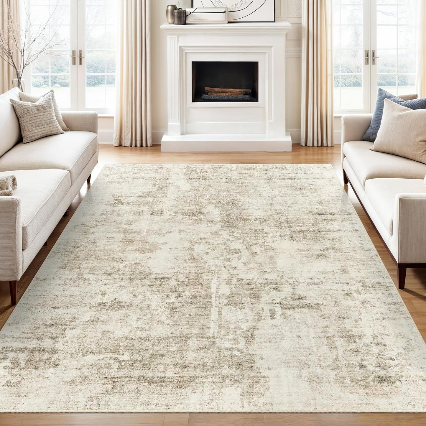Washable Area Rug 8x10, Large Soft Rugs for Living Room Vintage Beige Carpet 8x10 Area Rugs for Bedroom Dining Room Non-Slip Stain Resistant Under Table Rug