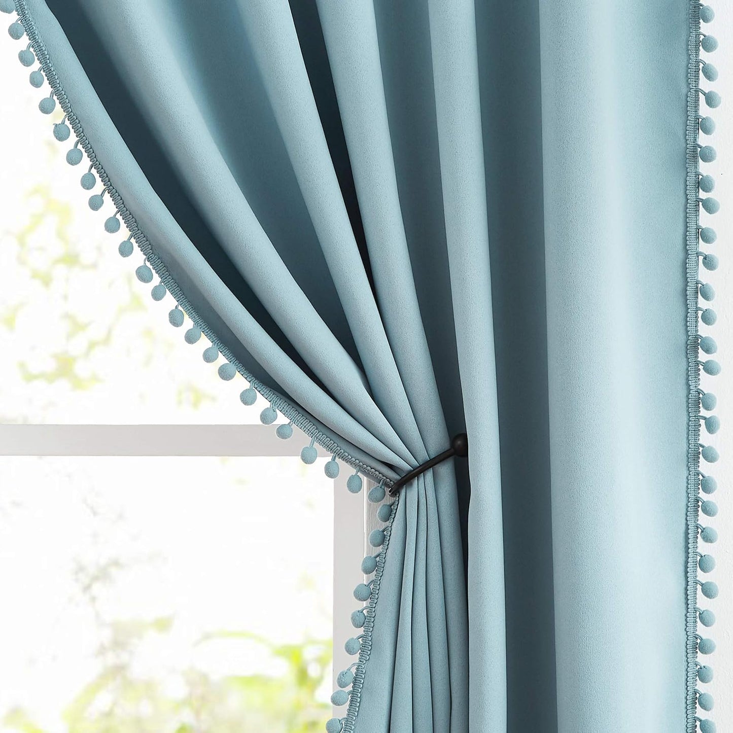 Pink Blackout Curtains with Sheer Overlay for Bedroom, Mix & Match Double Layer Pom Pom Curtains for Girl Nursery, Living Room, Rod Pocket Thermal Insulated Window Panels with Tiebacks 52W X 84L, 2pcs