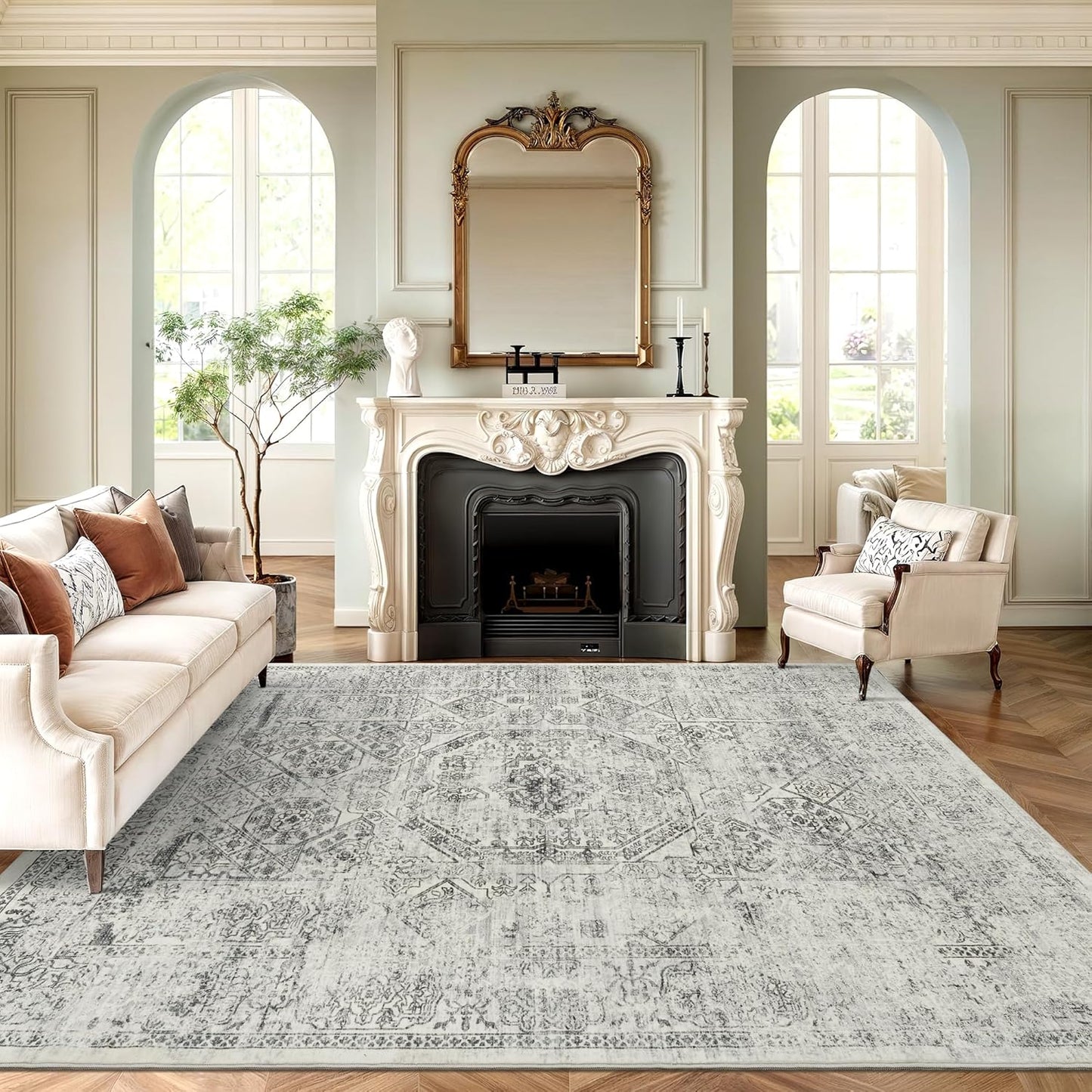 Washable Area Rug 8x10, Large Soft Rugs for Living Room Vintage Beige Carpet 8x10 Area Rugs for Bedroom Dining Room Non-Slip Stain Resistant Under Table Rug