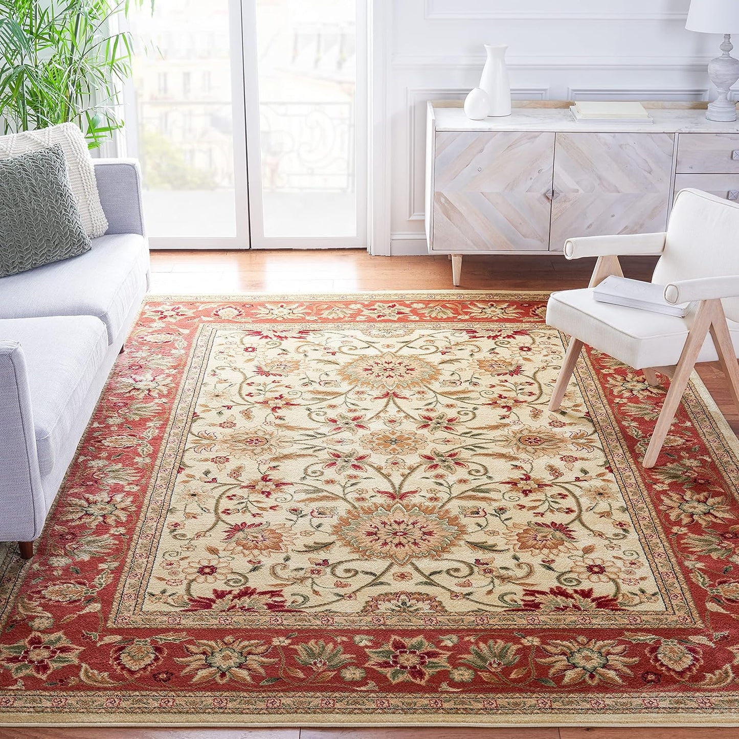 SAFAVIEH Lyndhurst Collection Area Rug - 9' x 12', Ivory & Rust, Traditional Oriental Design, Non-Shedding & Easy Care, Ideal for High Traffic Areas in Living Room, Bedroom (LNH212R)