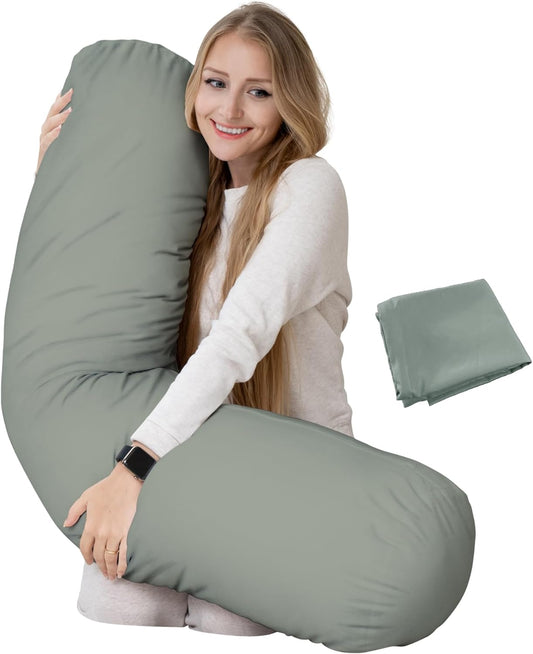 King Size Extra Long Round Body Pillow - 54x12 Bolster Pillow for Bed Extra Soft Body Pillow with Removable Pillowcase, Maternity Pillow - Grey