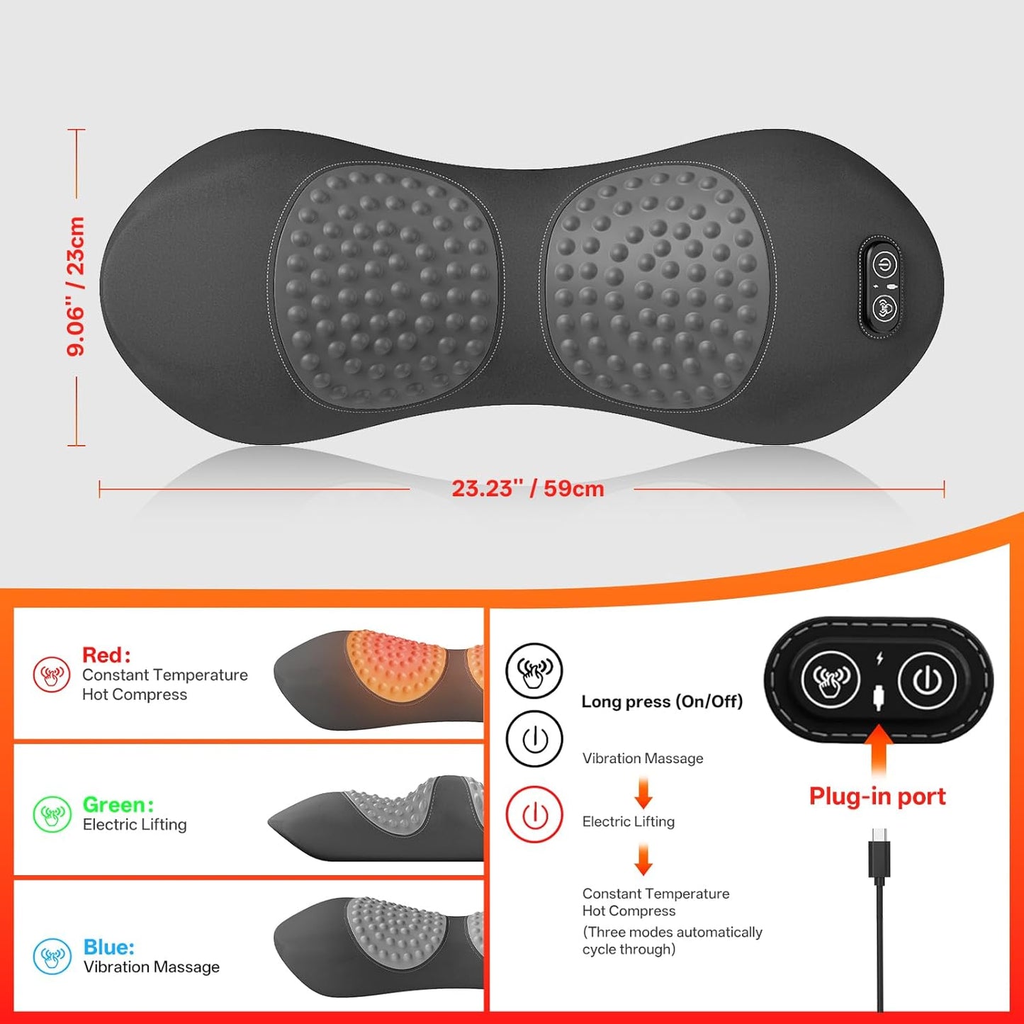 3-in-1 Electric Lumbar Support Pillow for Bed and Chair, Smooth Spine Triple Fusion Back Massager with Heated, Vibration and Traction for Lower Back Pain Relief and Spine Support