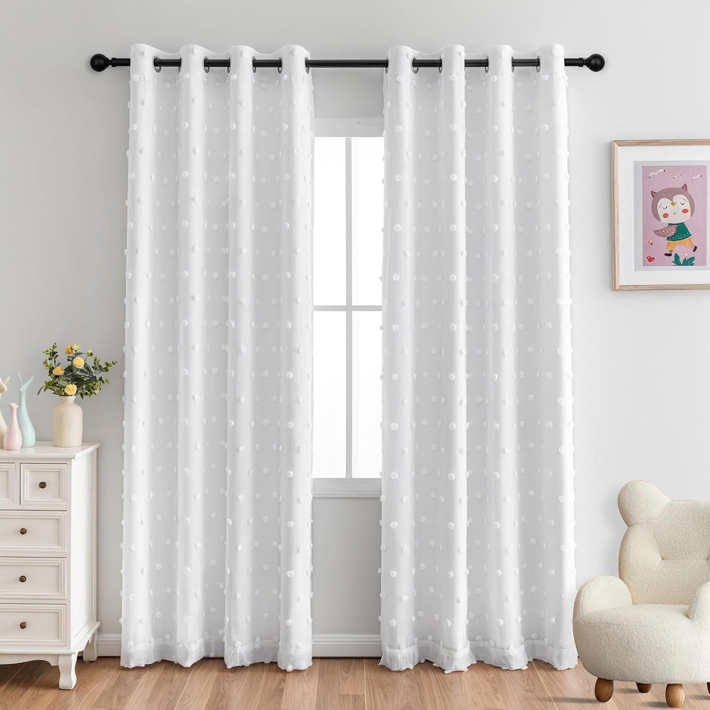 MYSKY HOME 100% Blackout Curtains for Girls Bedroom 84 Inch Long Total Light Blocking Curtains for Living Room 2 Panels Room Darkening Grommet Window Drapes with Pink Pom Pom Sheer 52W x 84L