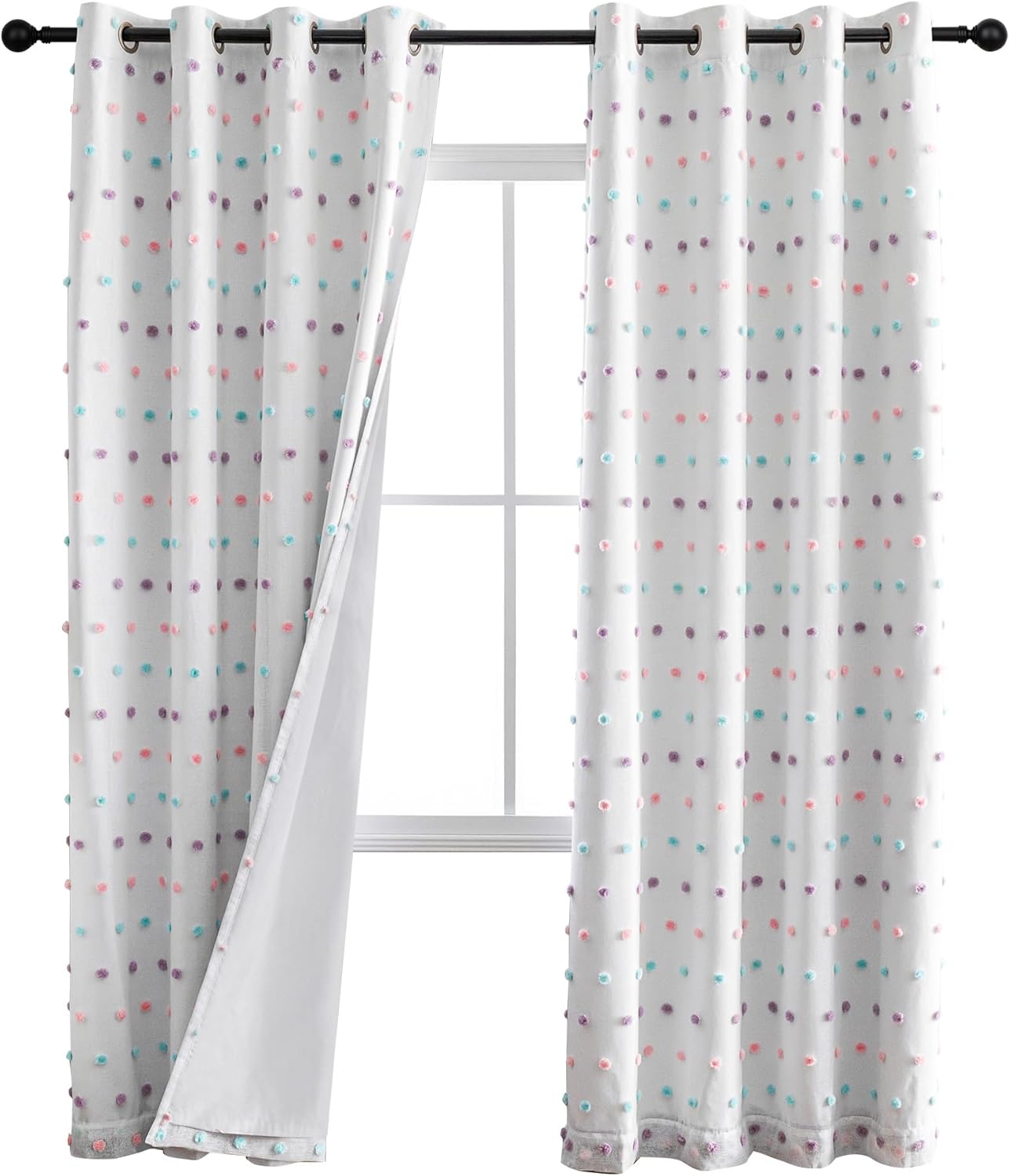 MYSKY HOME 100% Blackout Curtains for Girls Bedroom 84 Inch Long Total Light Blocking Curtains for Living Room 2 Panels Room Darkening Grommet Window Drapes with Pink Pom Pom Sheer 52W x 84L