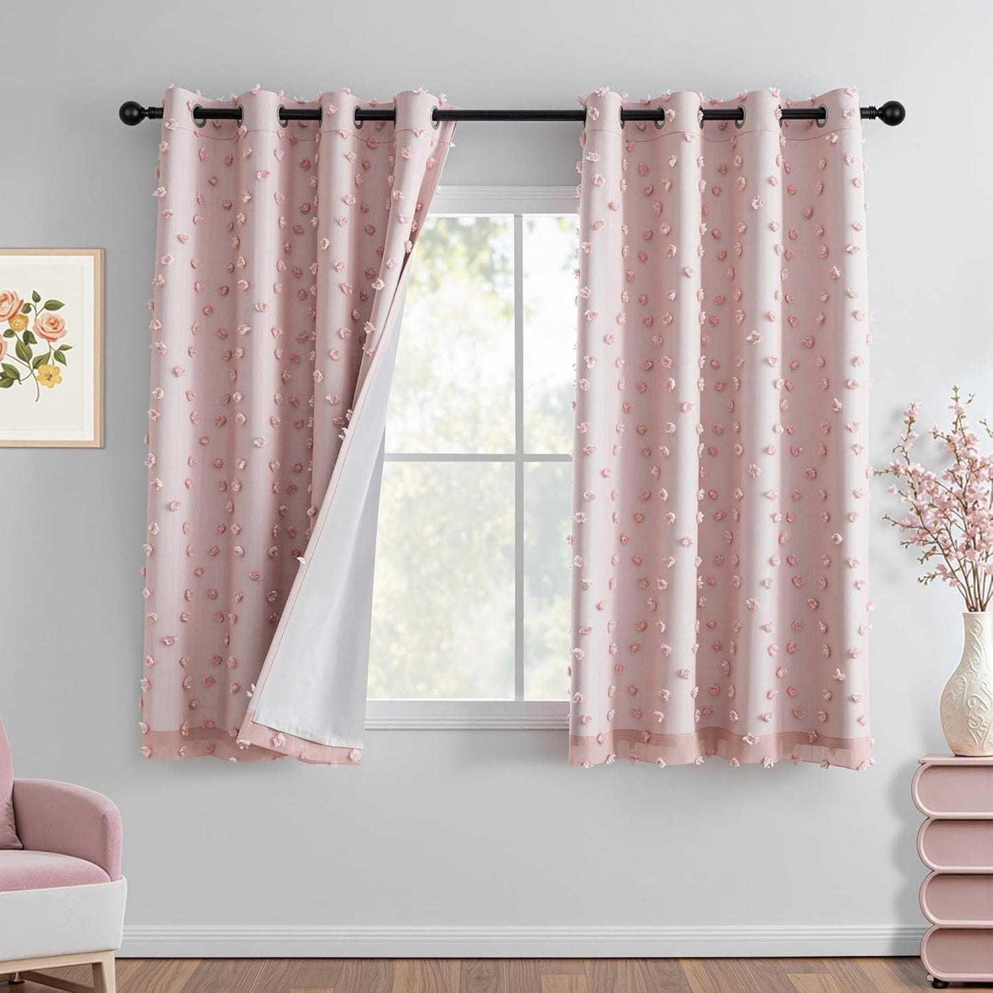 MYSKY HOME 100% Blackout Curtains for Girls Bedroom 84 Inch Long Total Light Blocking Curtains for Living Room 2 Panels Room Darkening Grommet Window Drapes with Pink Pom Pom Sheer 52W x 84L