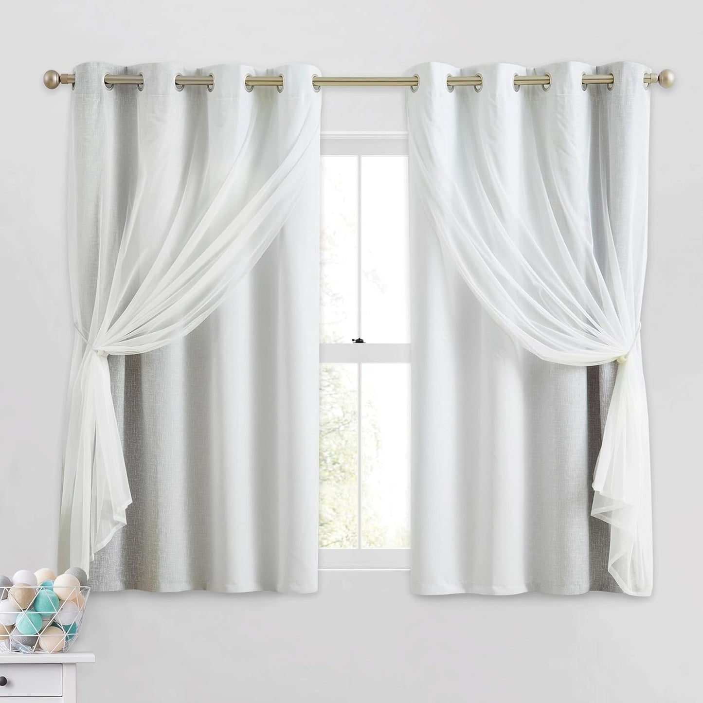 100% Blackout Curtains with Sheer Overlay Mix and Match Double Layer Drapes 84 Inch Long 2 Panels for Bedroom Living Room Pink White Ombre Grommet Window Treatment with Tiebacks