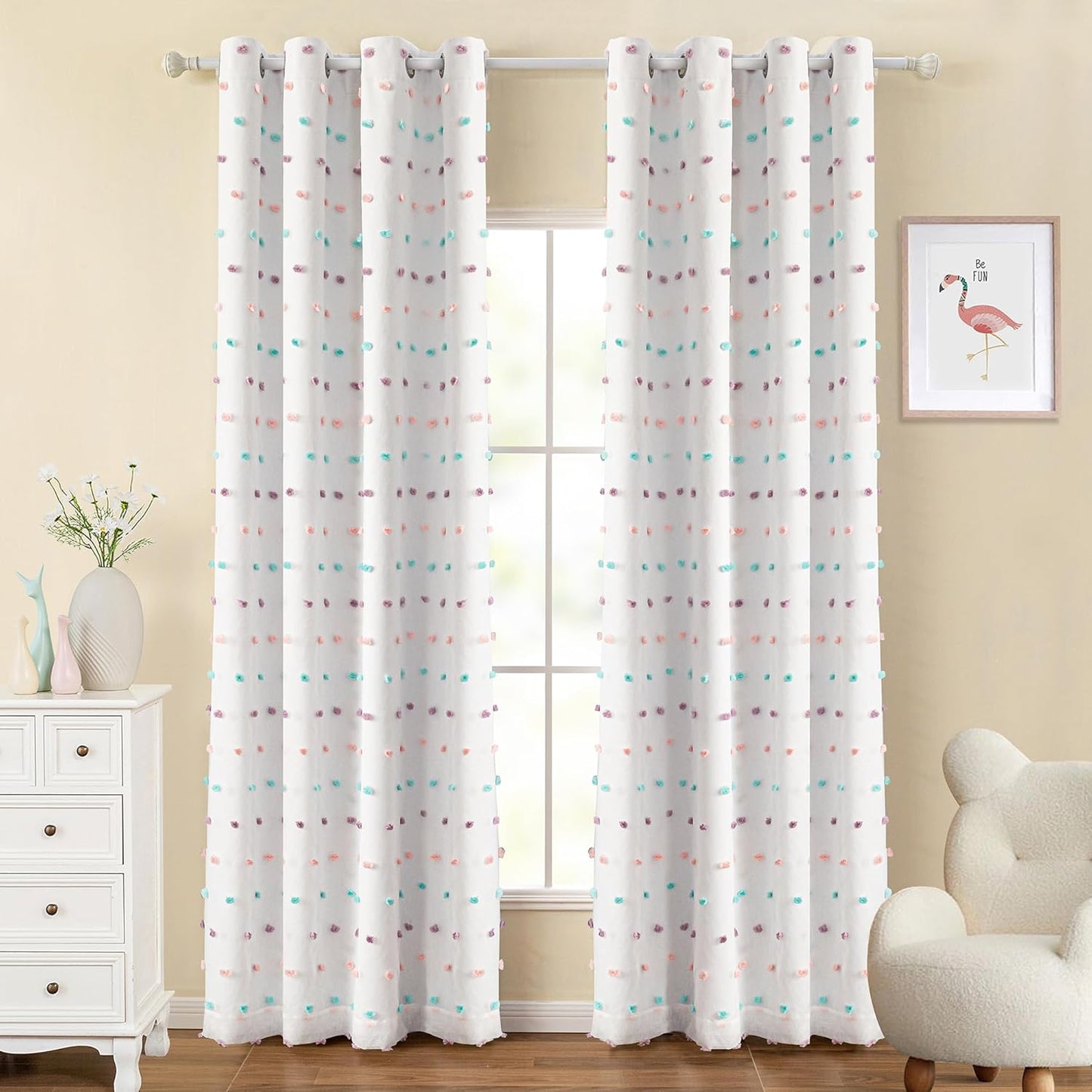 MYSKY HOME 100% Blackout Curtains for Girls Bedroom 84 Inch Long Total Light Blocking Curtains for Living Room 2 Panels Room Darkening Grommet Window Drapes with Pink Pom Pom Sheer 52W x 84L