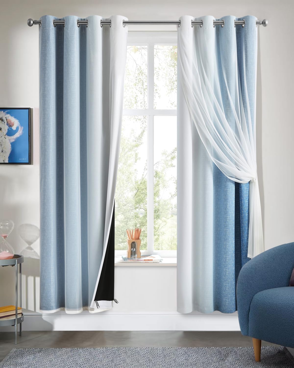 100% Blackout Curtains with Sheer Overlay Mix and Match Double Layer Drapes 84 Inch Long 2 Panels for Bedroom Living Room Pink White Ombre Grommet Window Treatment with Tiebacks