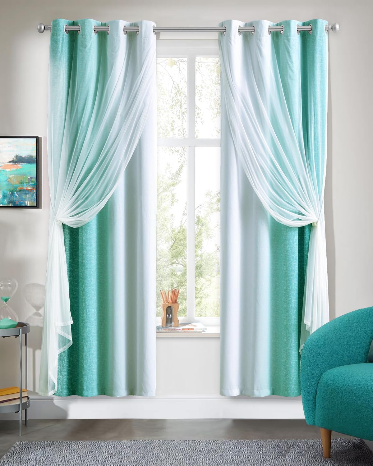100% Blackout Curtains with Sheer Overlay Mix and Match Double Layer Drapes 84 Inch Long 2 Panels for Bedroom Living Room Pink White Ombre Grommet Window Treatment with Tiebacks