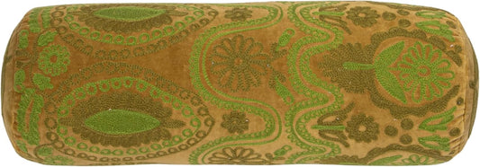 Creative Co-Op Cotton Velvet Embroidered Bolster Pillow, Green