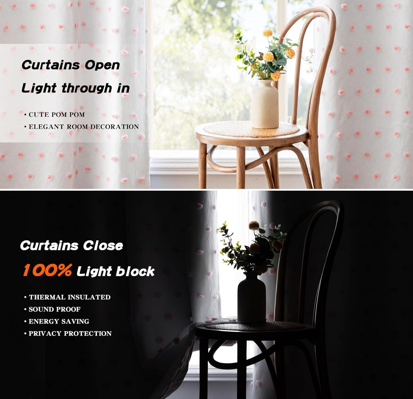 MYSKY HOME 100% Blackout Curtains for Girls Bedroom 84 Inch Long Total Light Blocking Curtains for Living Room 2 Panels Room Darkening Grommet Window Drapes with Pink Pom Pom Sheer 52W x 84L