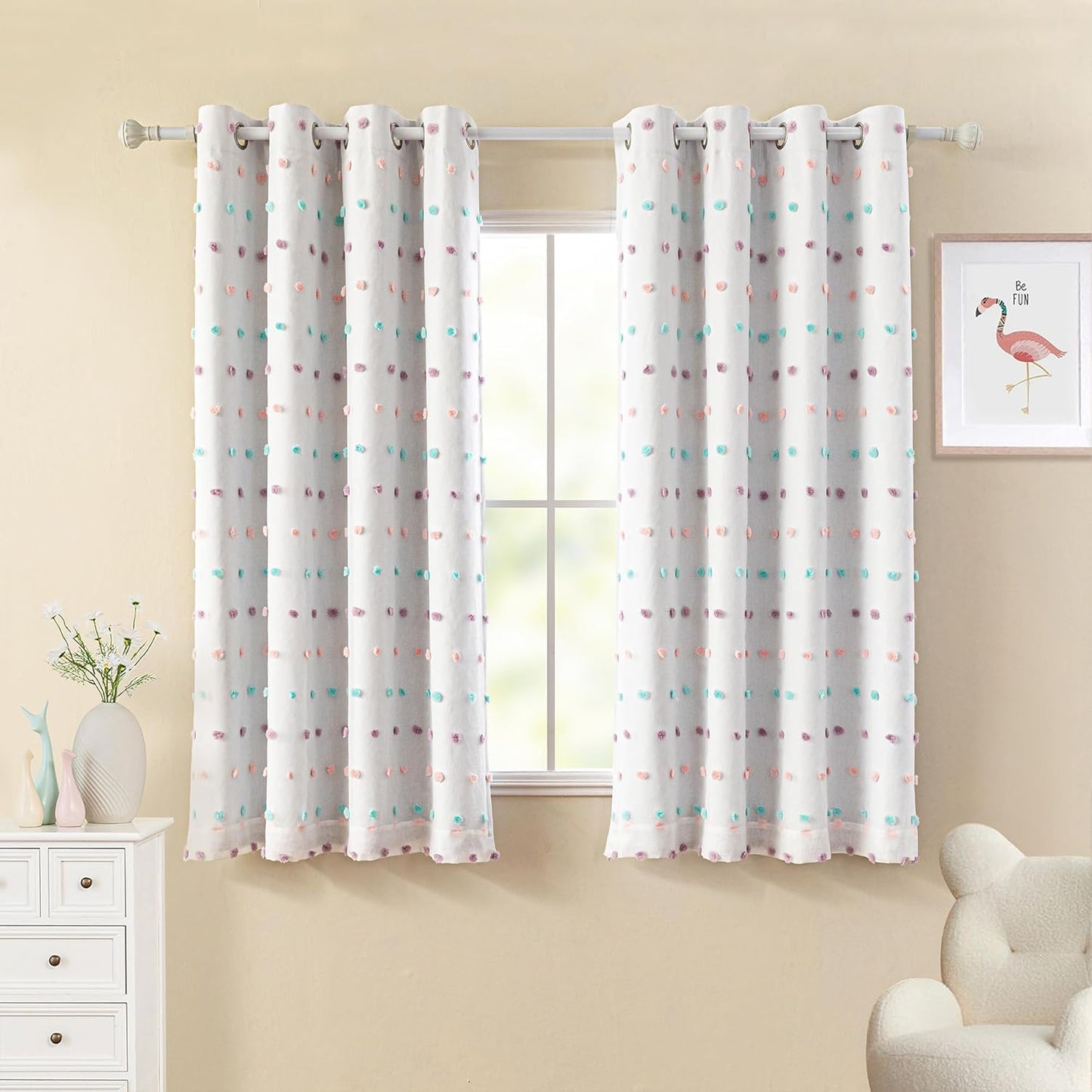 MYSKY HOME 100% Blackout Curtains for Girls Bedroom 84 Inch Long Total Light Blocking Curtains for Living Room 2 Panels Room Darkening Grommet Window Drapes with Pink Pom Pom Sheer 52W x 84L