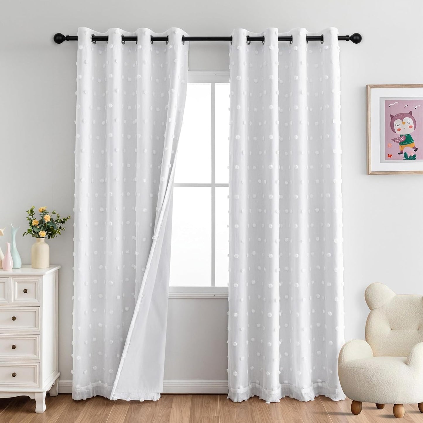MYSKY HOME 100% Blackout Curtains for Girls Bedroom 84 Inch Long Total Light Blocking Curtains for Living Room 2 Panels Room Darkening Grommet Window Drapes with Pink Pom Pom Sheer 52W x 84L