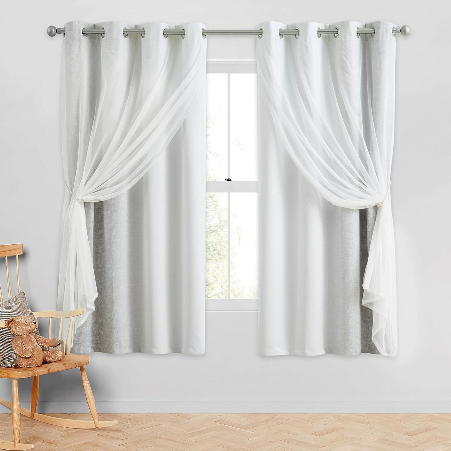 100% Blackout Curtains with Sheer Overlay Mix and Match Double Layer Drapes 84 Inch Long 2 Panels for Bedroom Living Room Pink White Ombre Grommet Window Treatment with Tiebacks