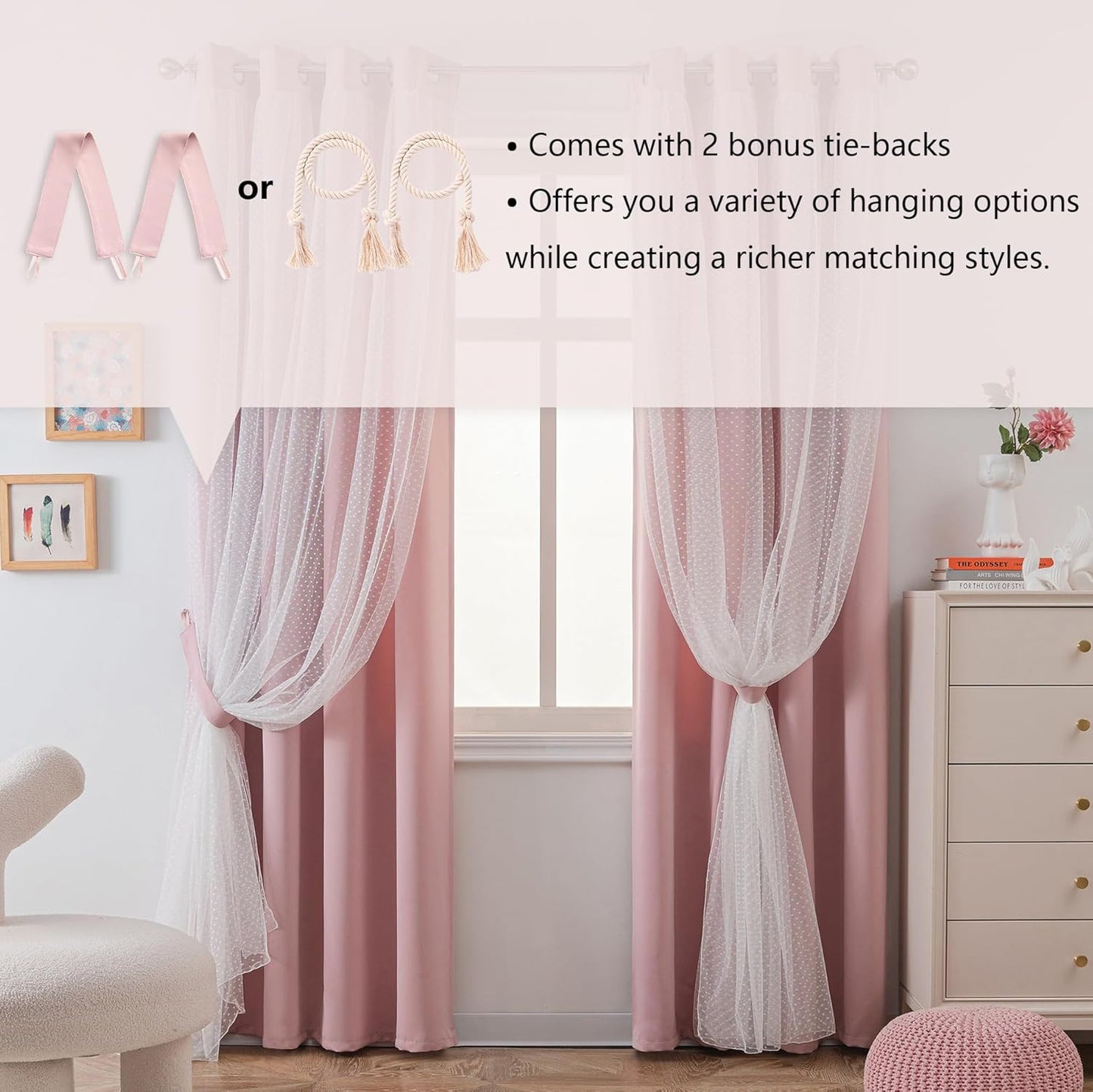 MYSKY HOME Pink Curtains for Girls Bedroom & Nursery Kids Blackout Cute Curtains 63 inch Long Double Layer with Polka Dots Sheer, Grommet Tops, 52" Wide, 2 Panels