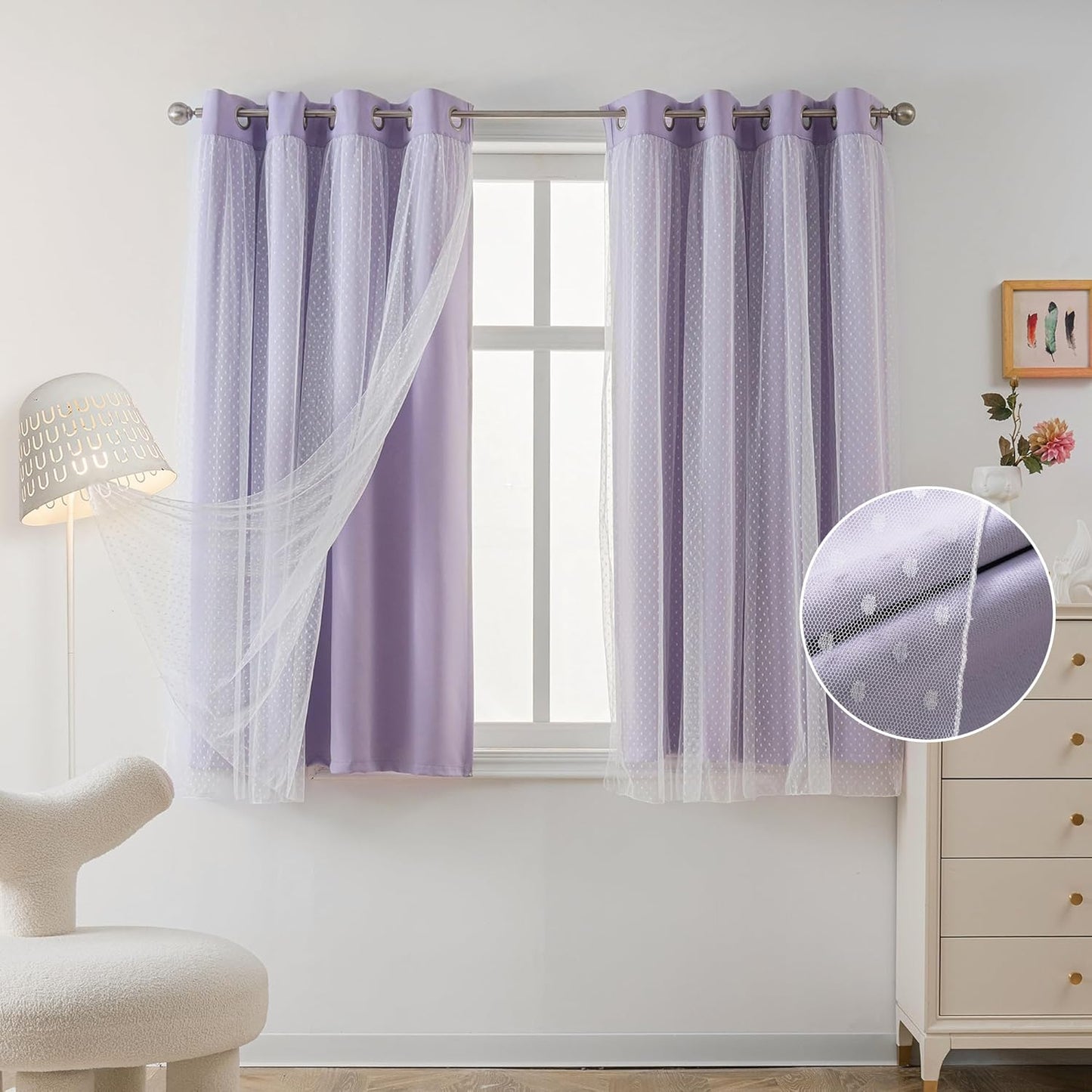 MYSKY HOME Pink Curtains for Girls Bedroom & Nursery Kids Blackout Cute Curtains 63 inch Long Double Layer with Polka Dots Sheer, Grommet Tops, 52" Wide, 2 Panels