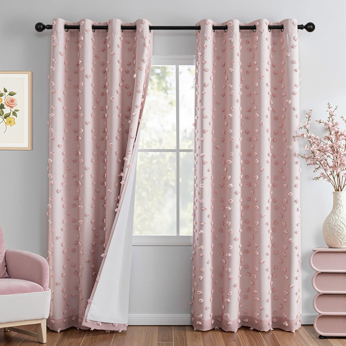 MYSKY HOME 100% Blackout Curtains for Girls Bedroom 84 Inch Long Total Light Blocking Curtains for Living Room 2 Panels Room Darkening Grommet Window Drapes with Pink Pom Pom Sheer 52W x 84L