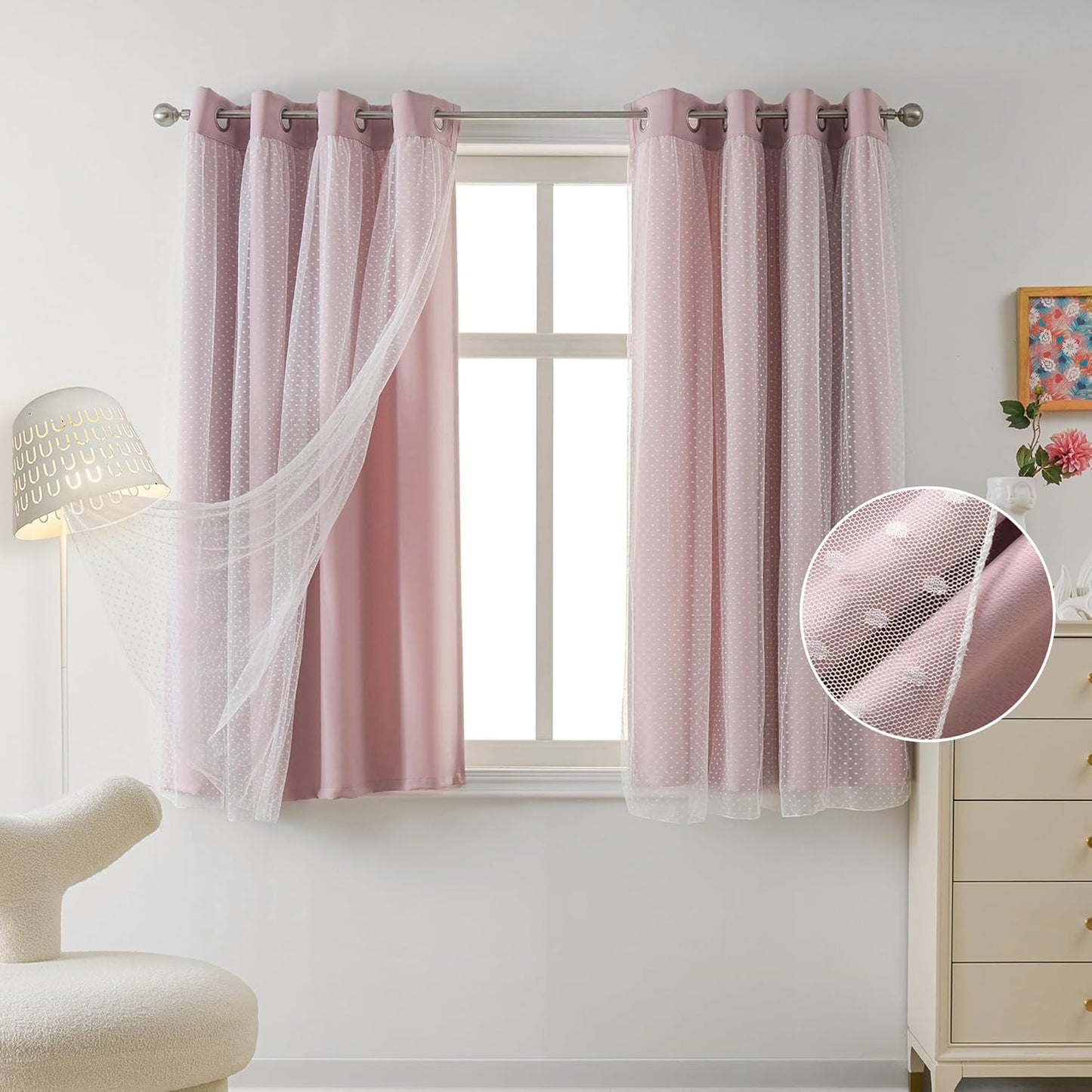 MYSKY HOME Pink Curtains for Girls Bedroom & Nursery Kids Blackout Cute Curtains 63 inch Long Double Layer with Polka Dots Sheer, Grommet Tops, 52" Wide, 2 Panels